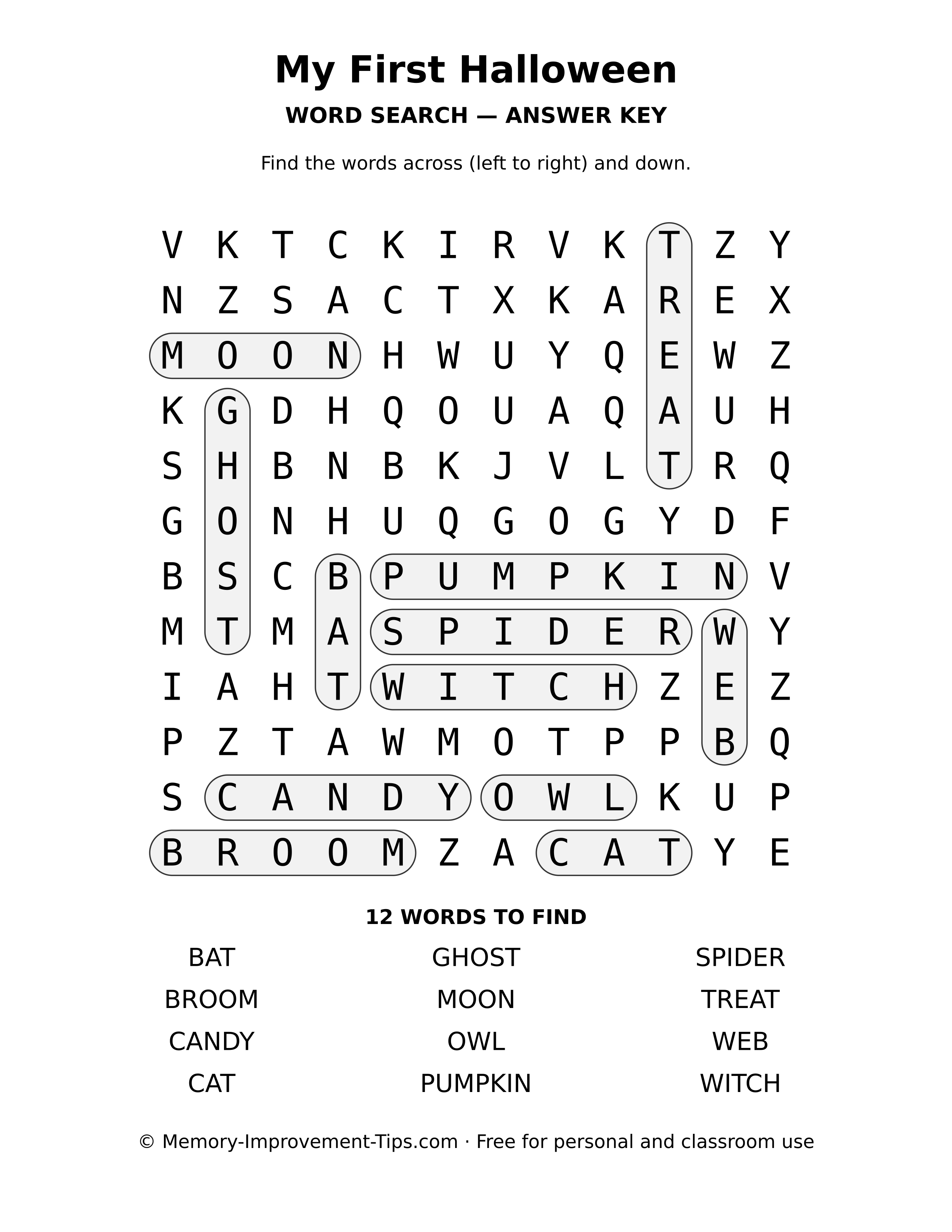 Answer key for the My First Halloween word search