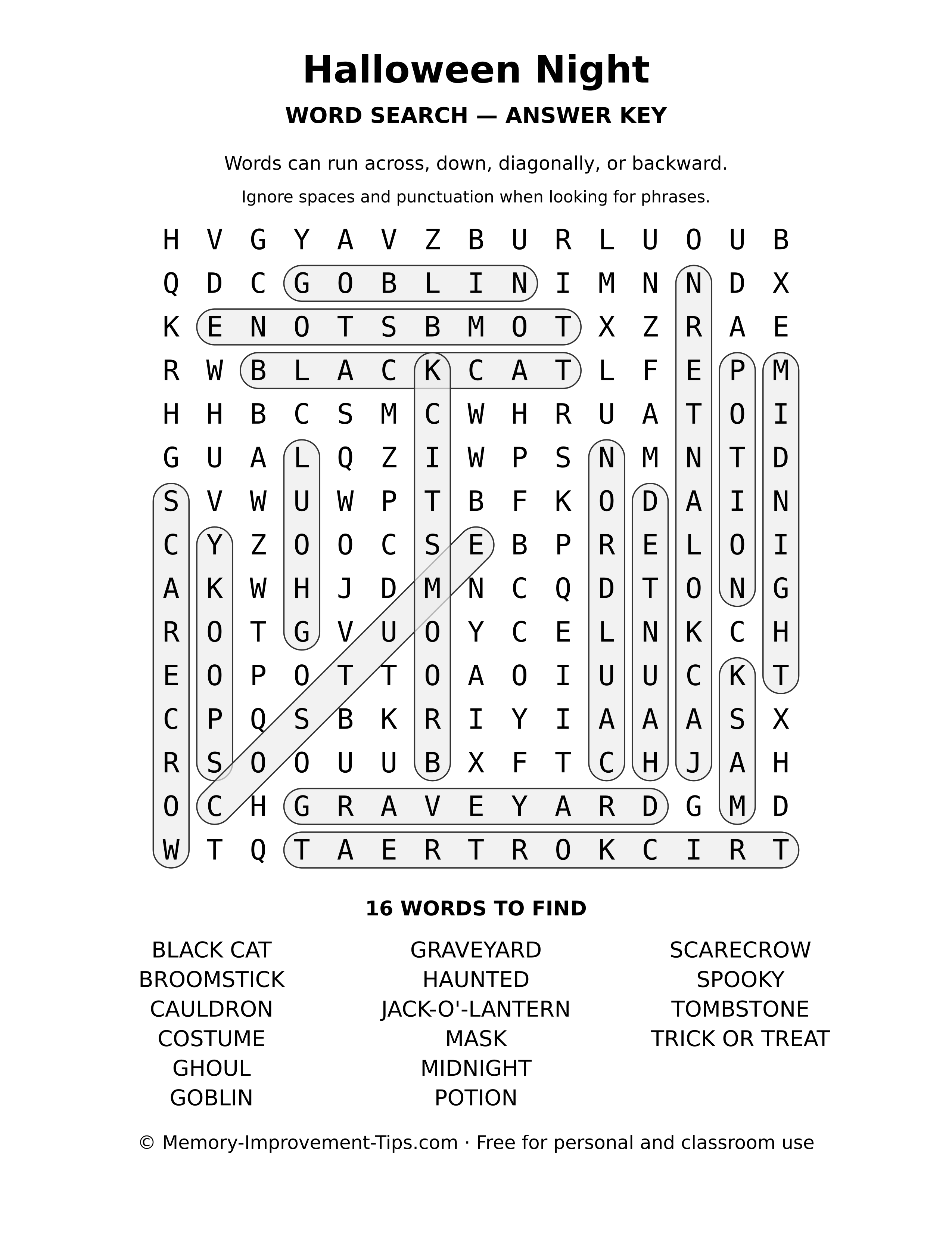 Answer key for the Halloween Night word search
