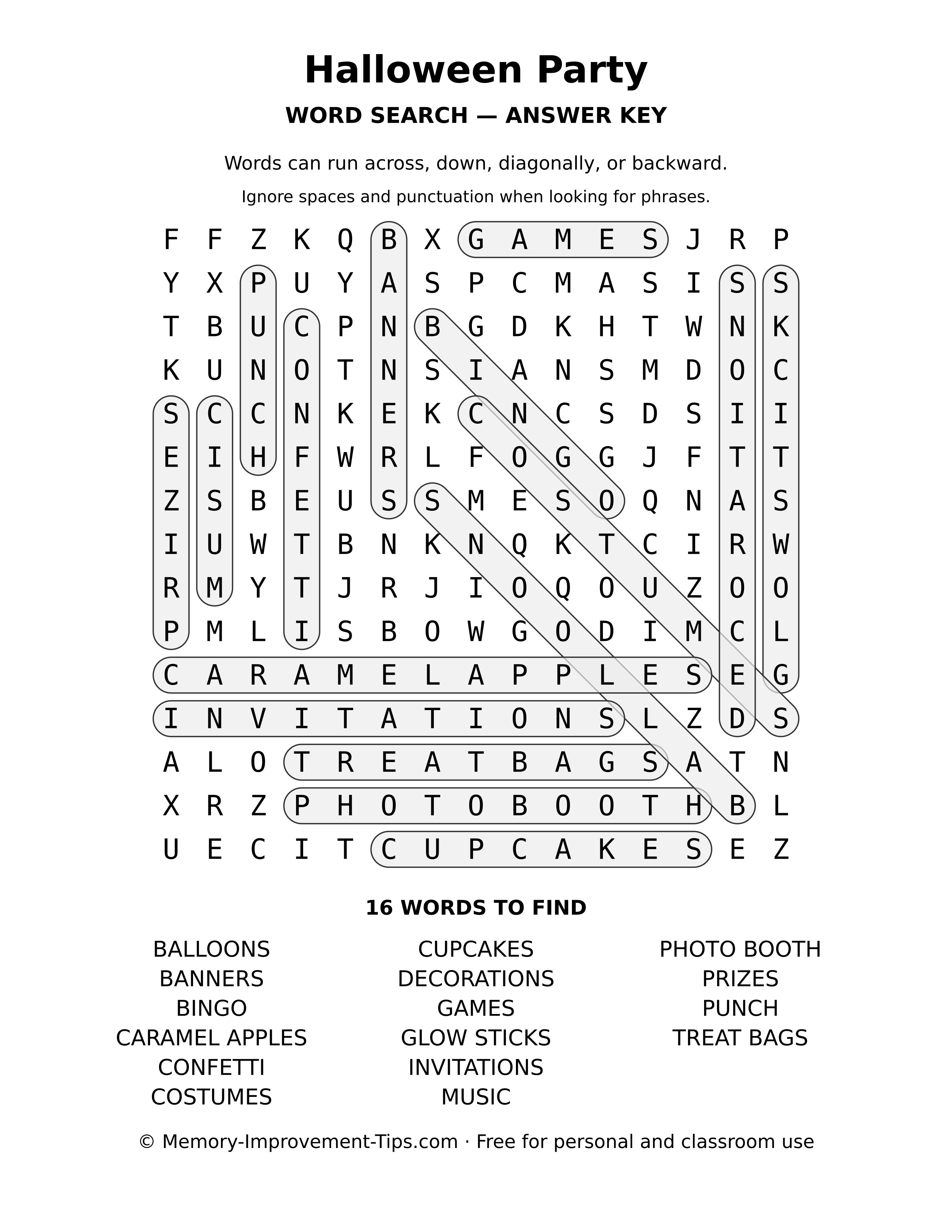 Answer key for the Halloween Party word search