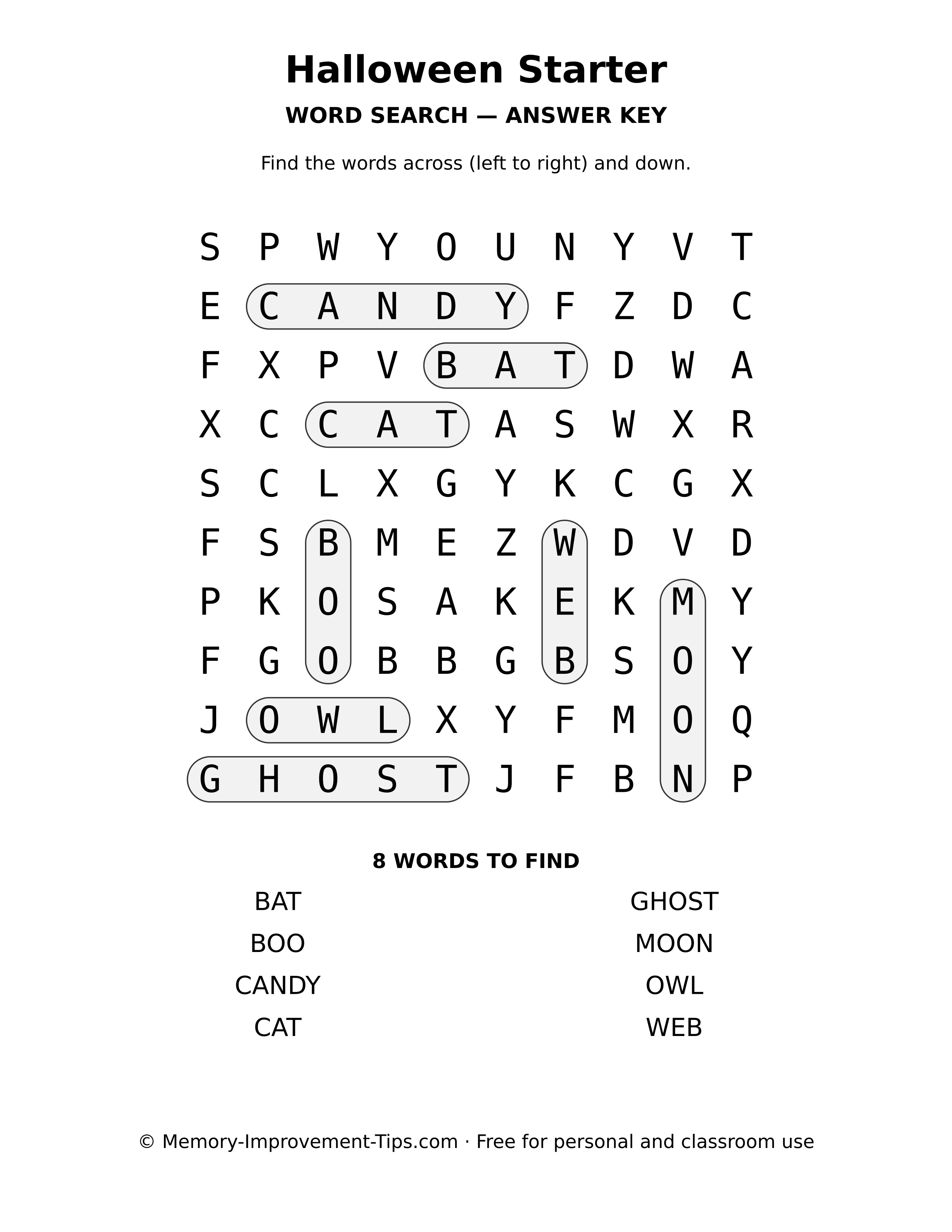 Answer key for the Halloween Starter word search