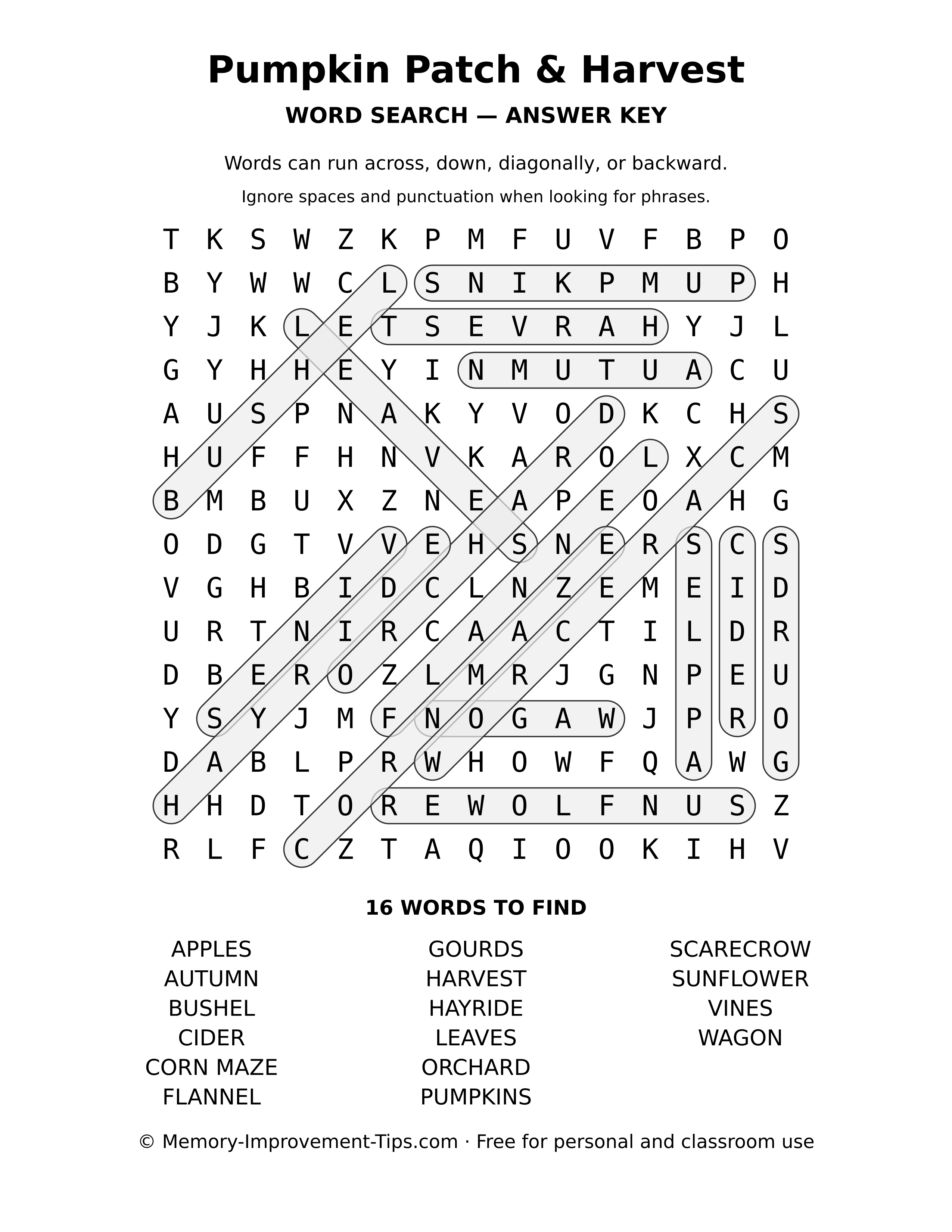 Answer key for the Pumpkin Patch & Harvest word search