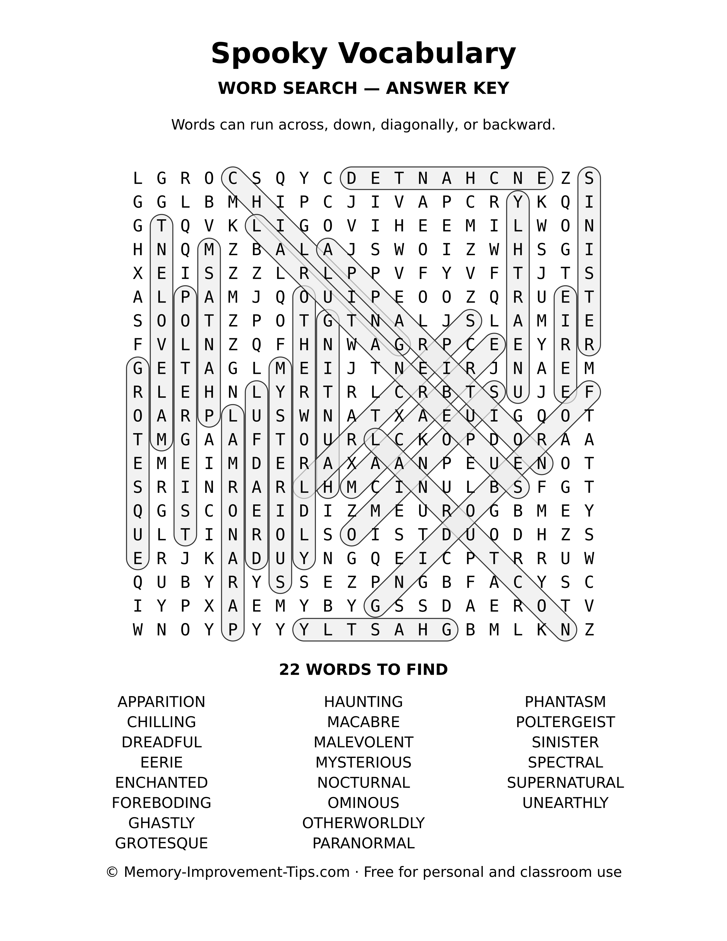 Answer key for the Spooky Vocabulary word search