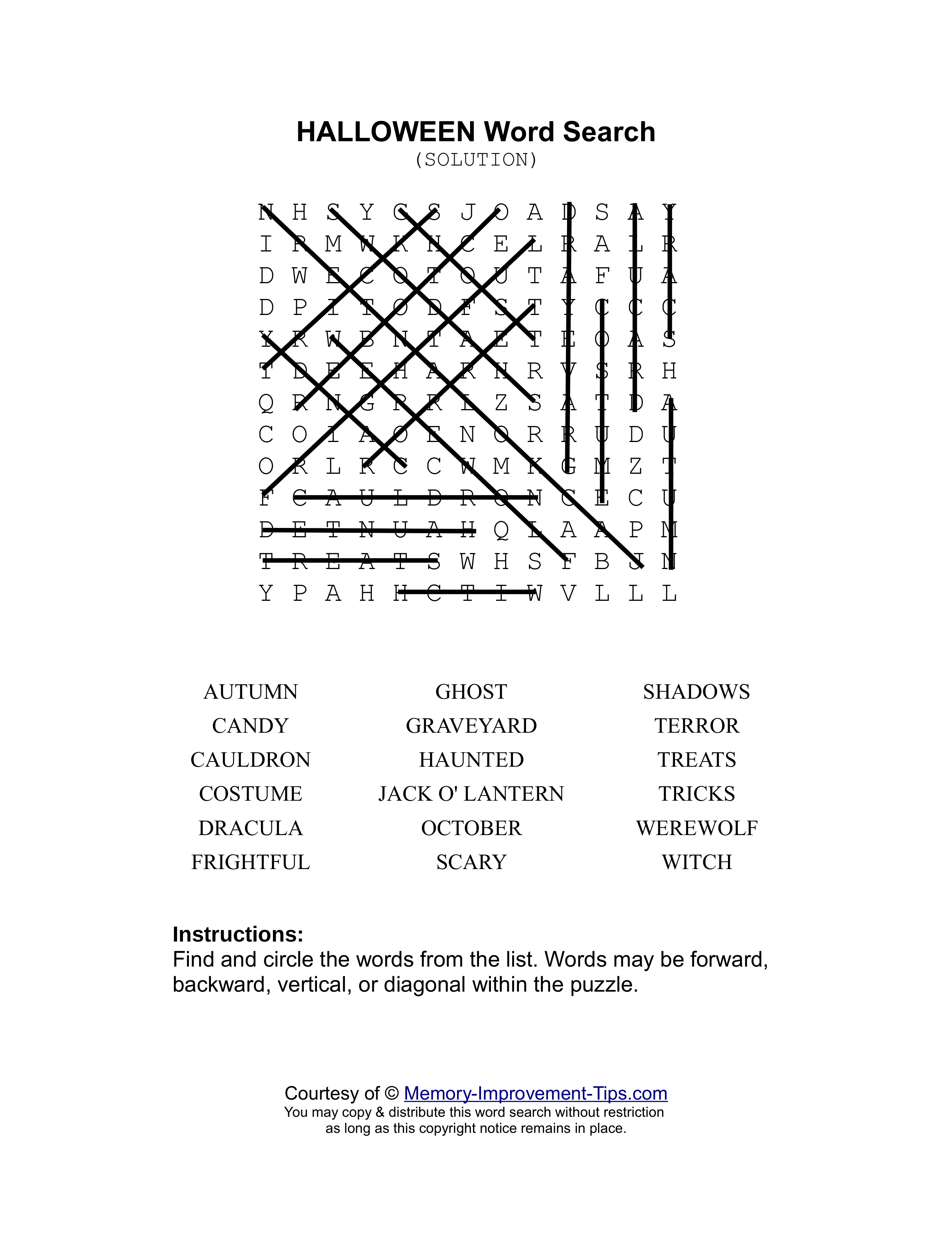 Halloween word search printable solution