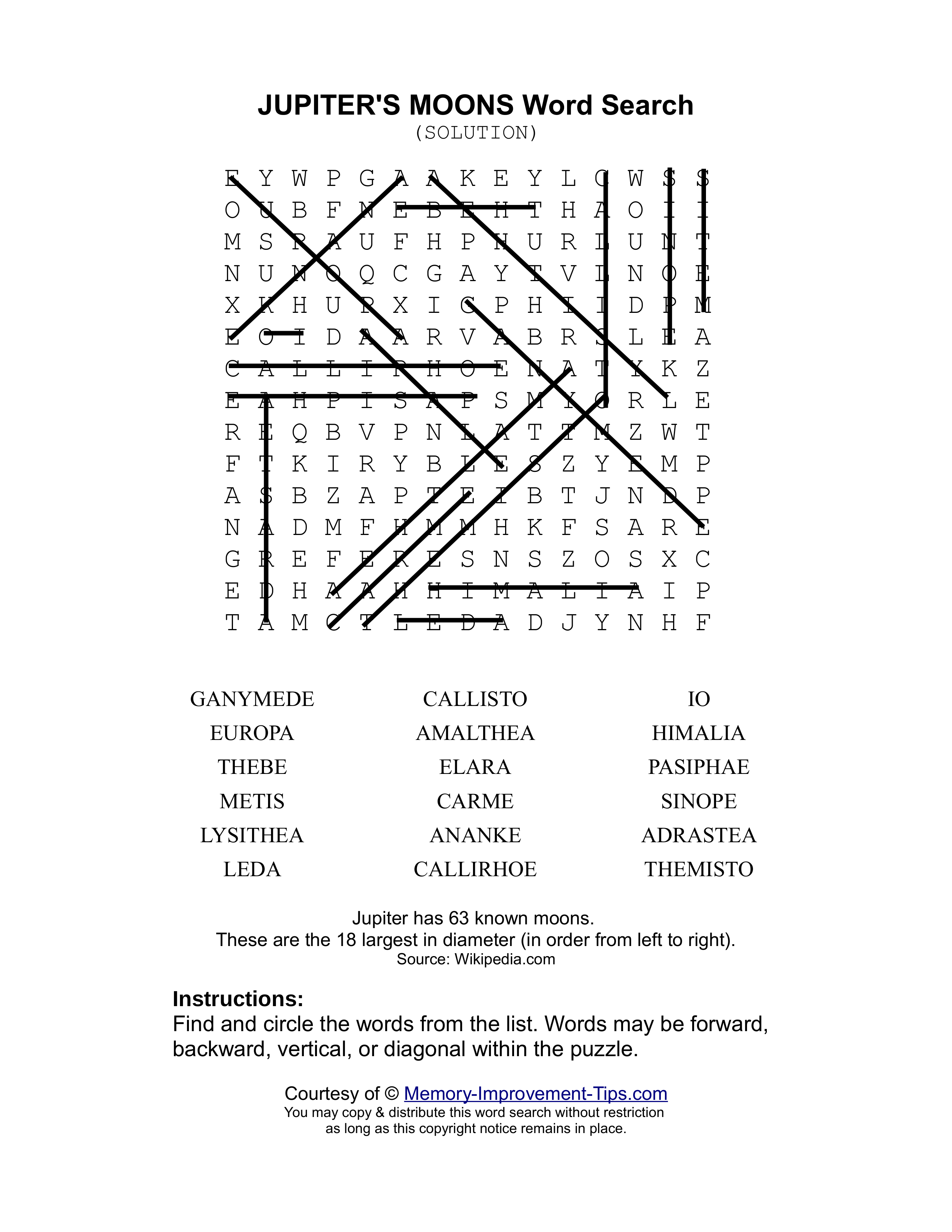 Jupiter's Moons word search printable solution