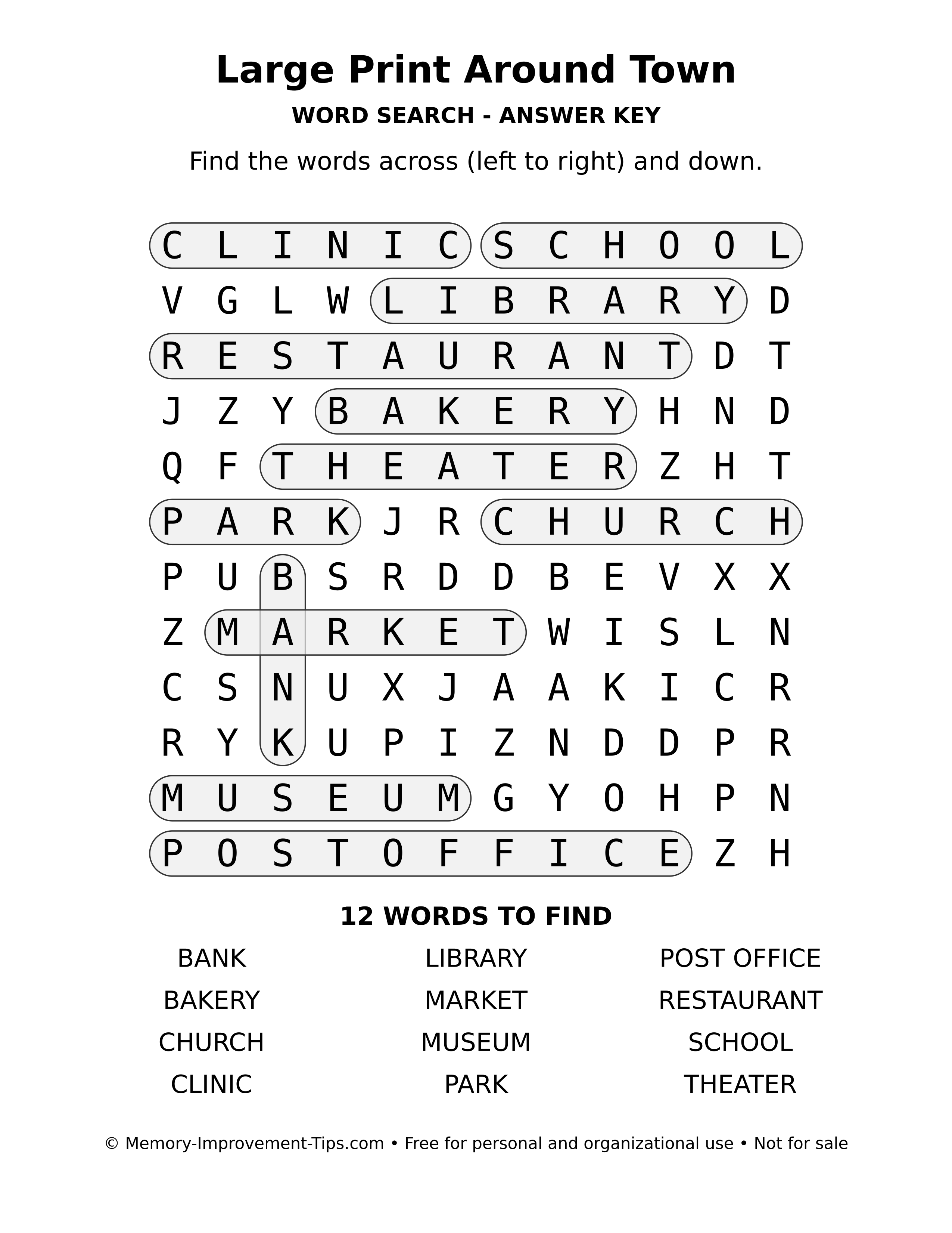 Answer key for Large Print Around Town word search