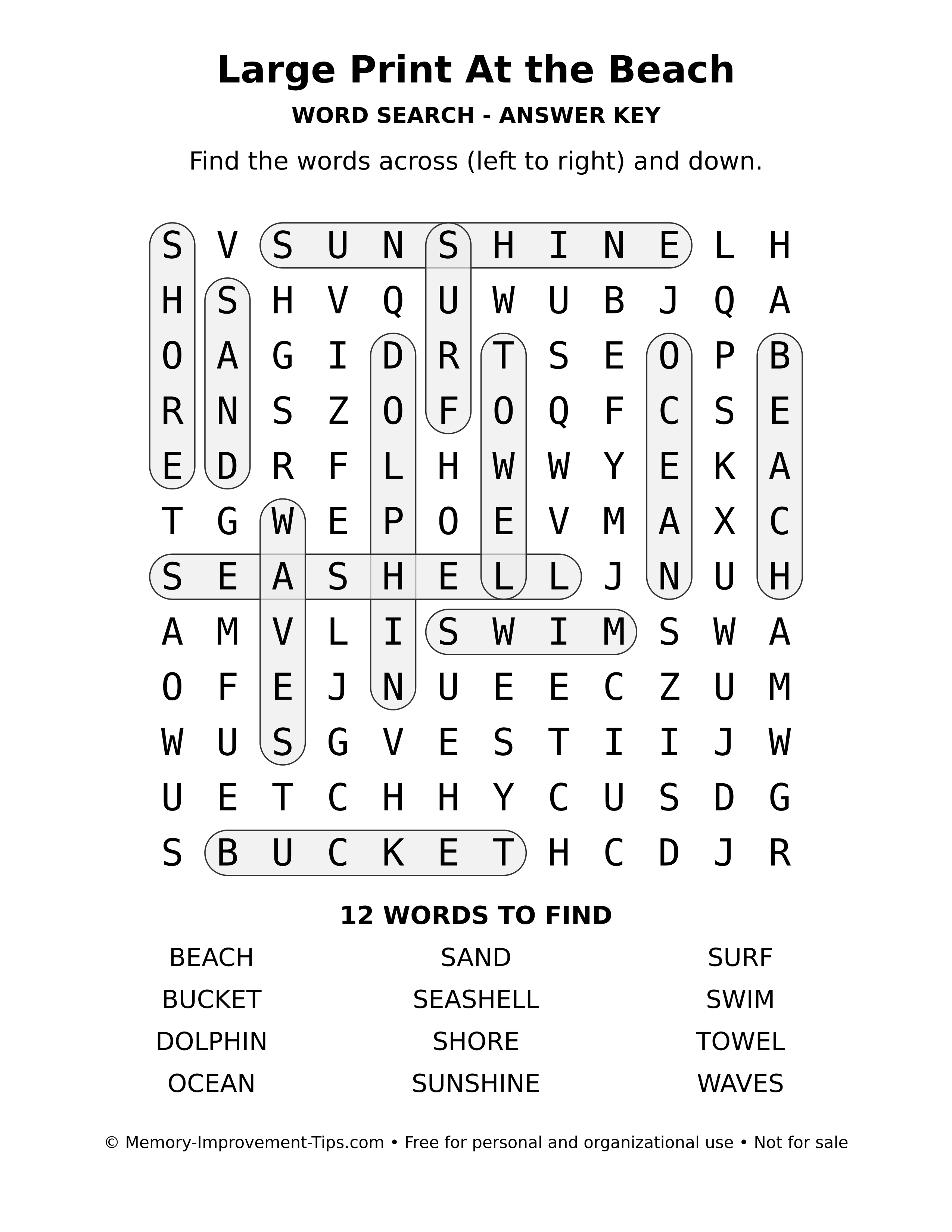 Answer key for Large Print At the Beach word search