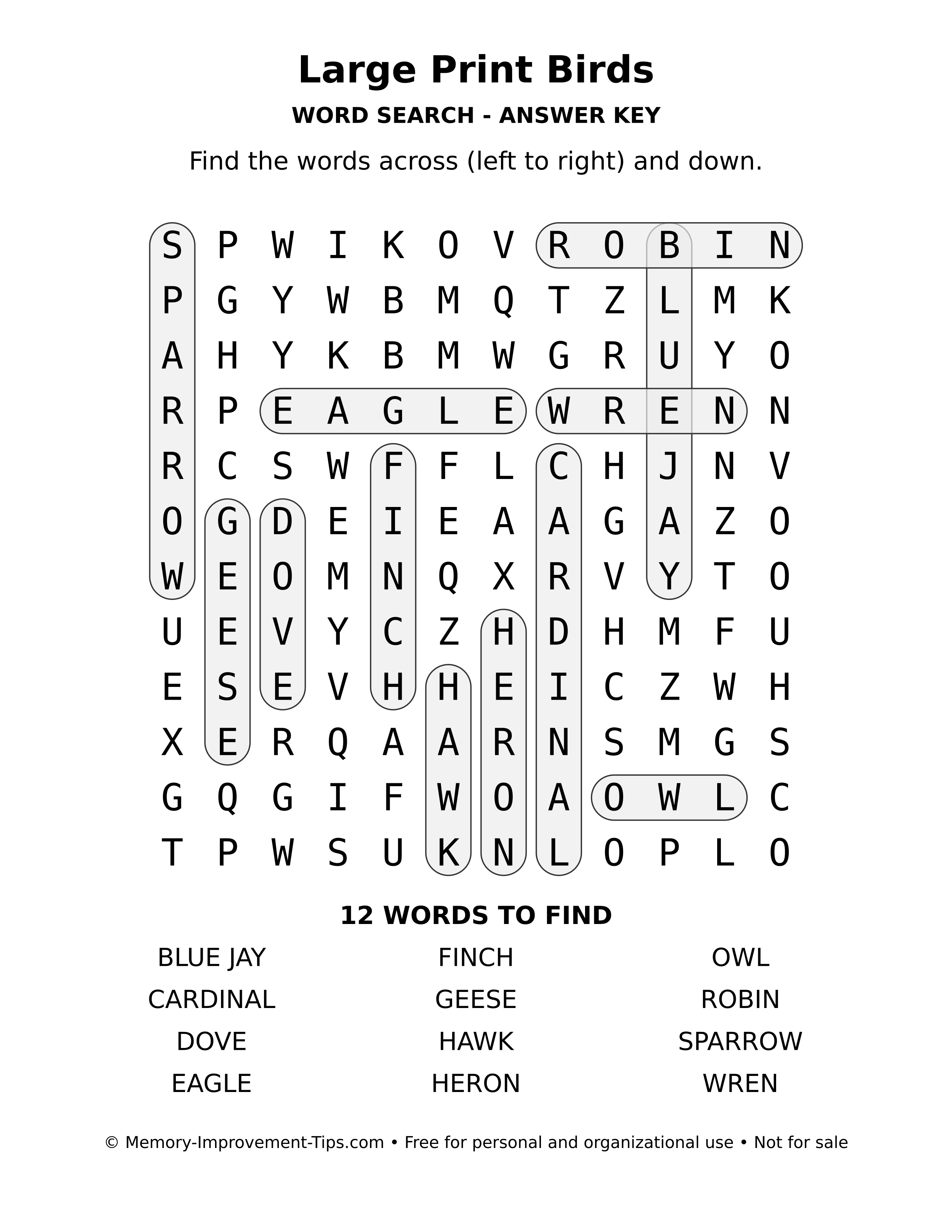 Answer key for Large Print Birds word search