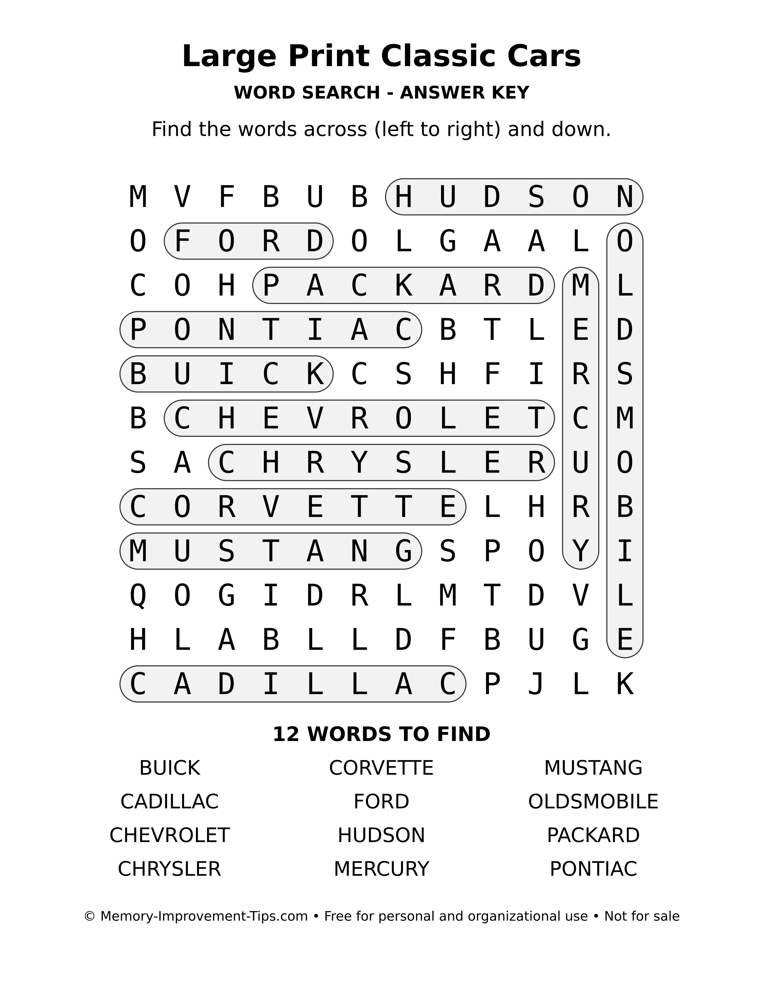 Answer key for Large Print Classic Cars word search