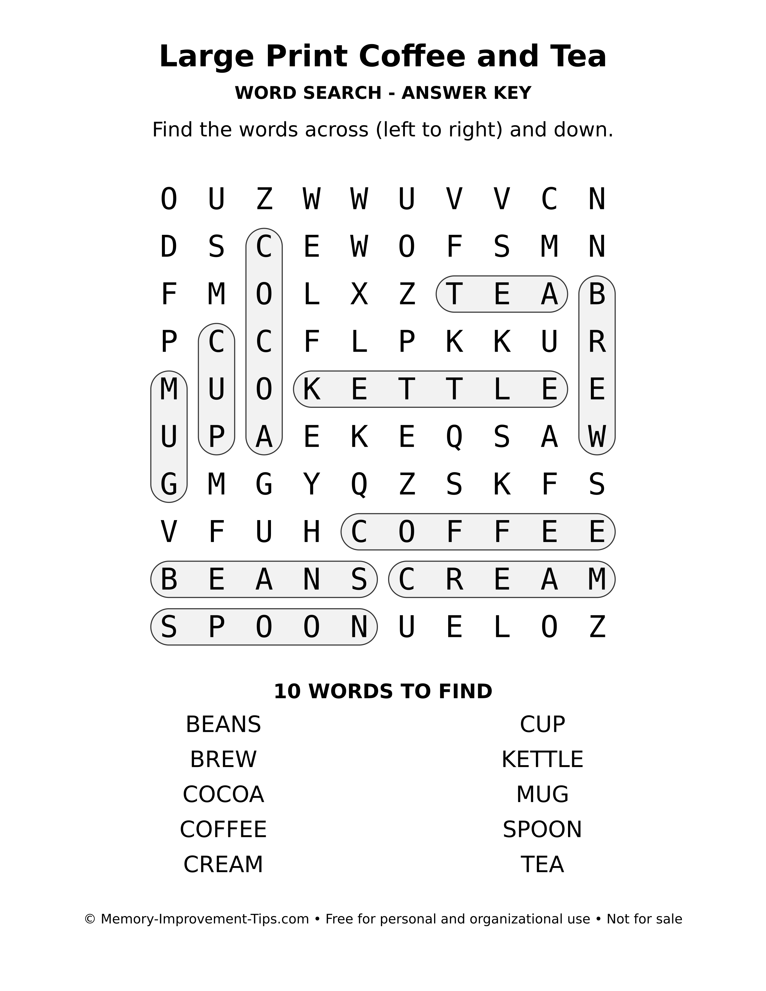 Answer key for Large Print Coffee and Tea word search