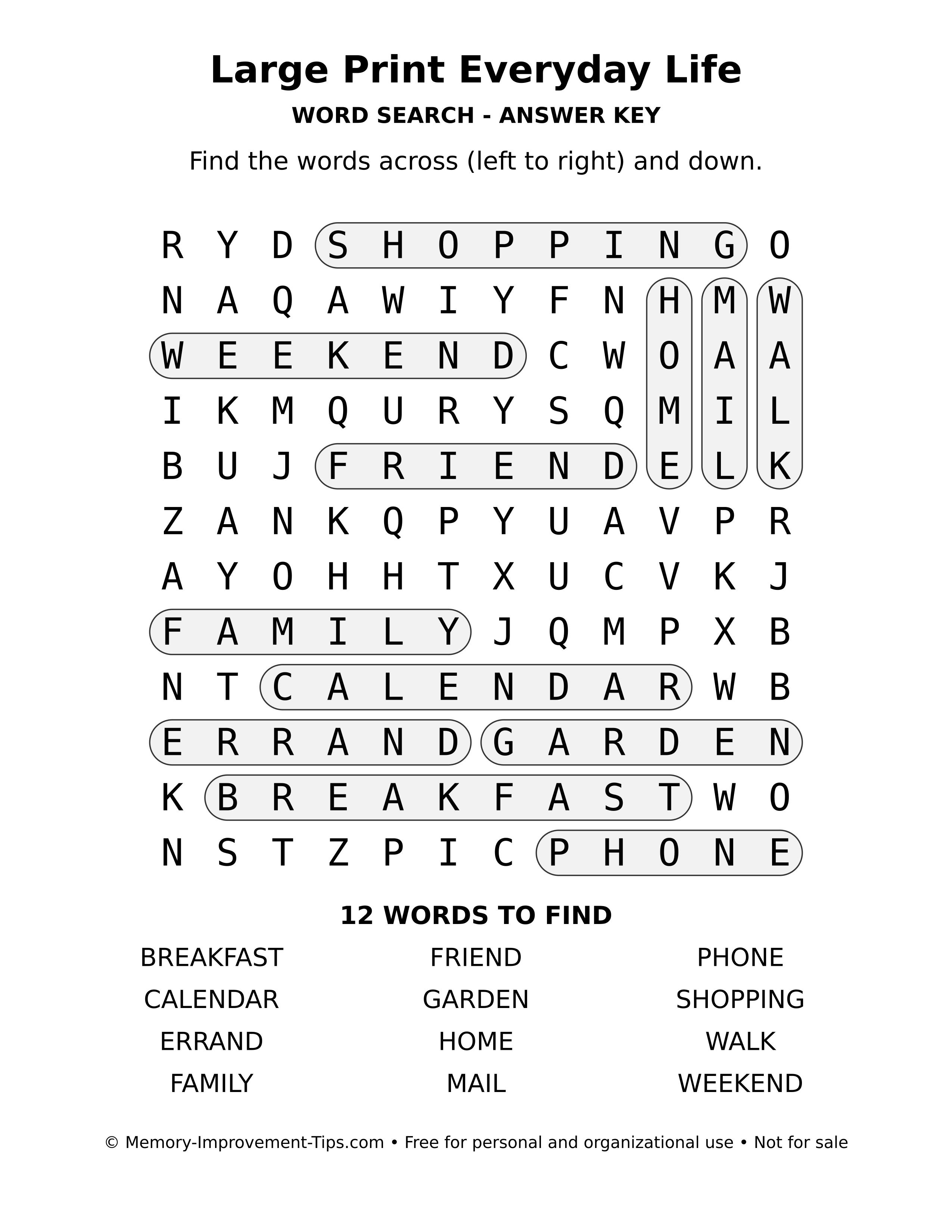 Answer key for Large Print Everyday Life word search
