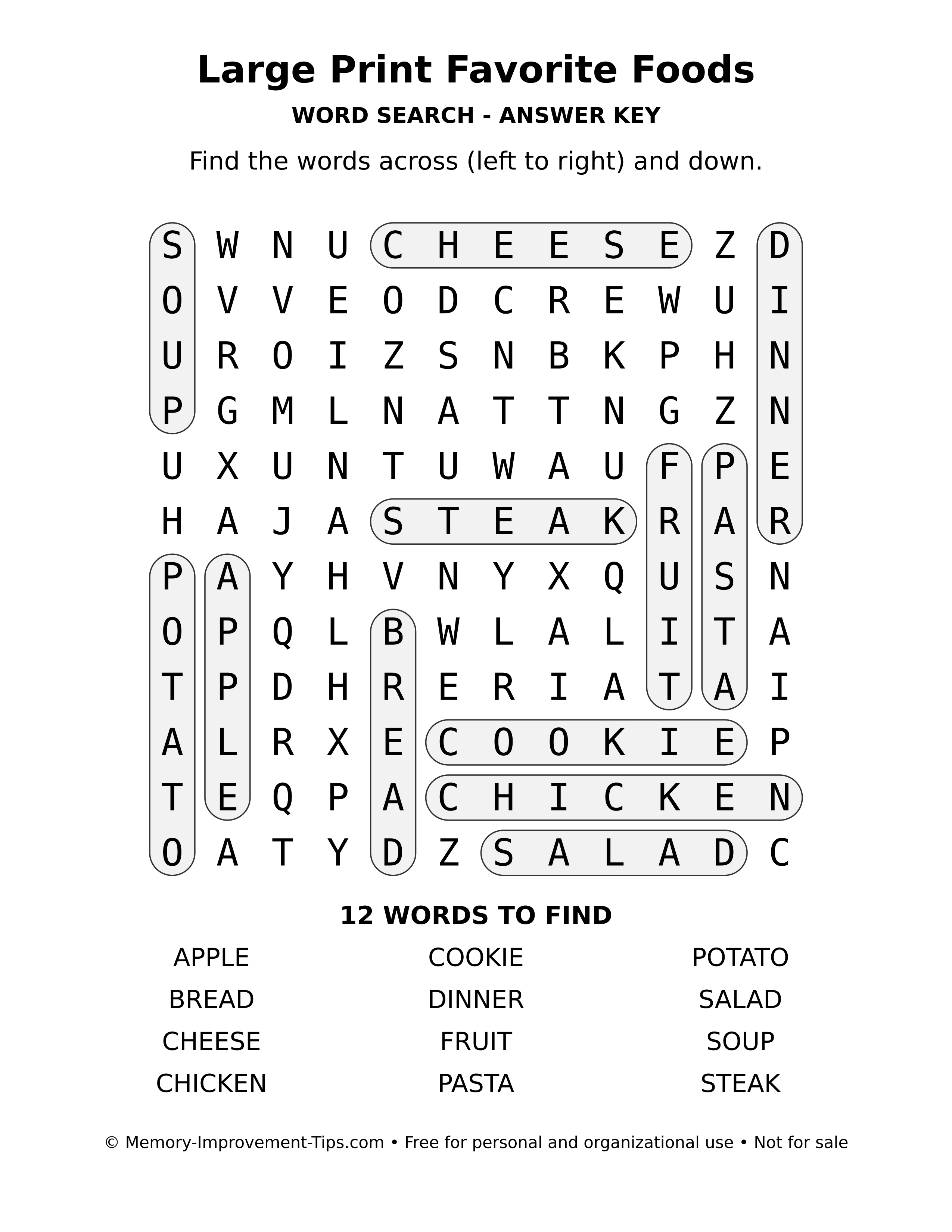 Answer key for Large Print Favorite Foods word search