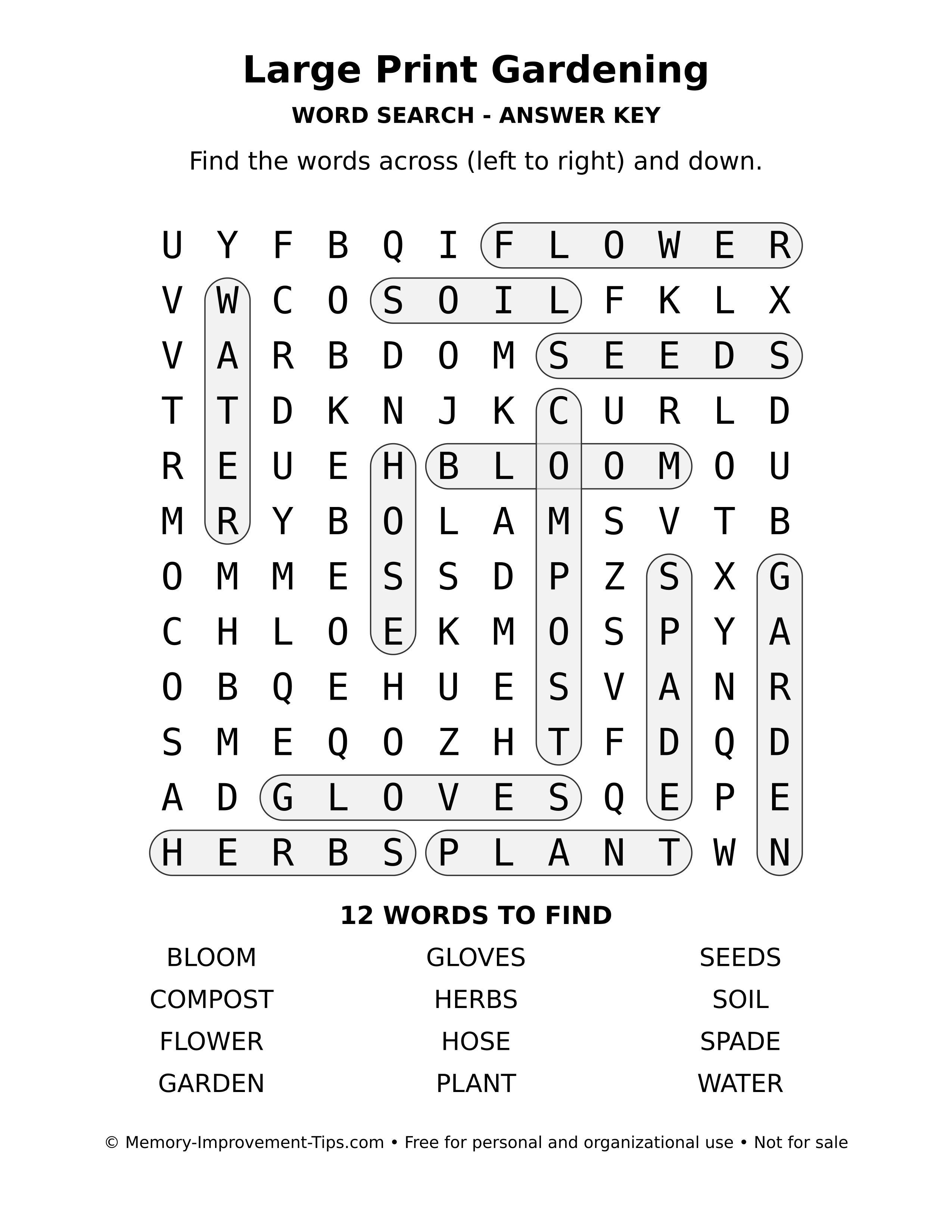 Answer key for Large Print Gardening word search