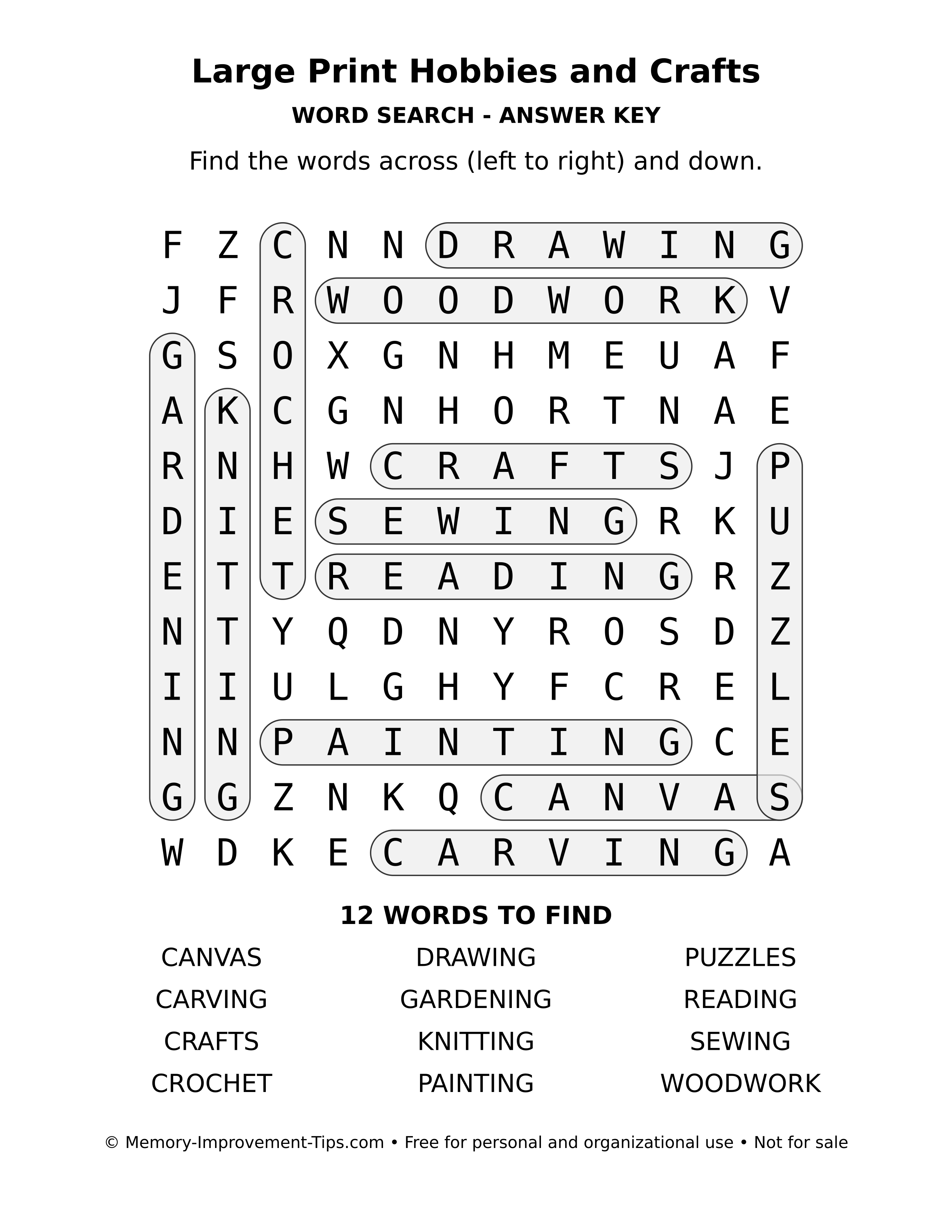Answer key for Large Print Hobbies and Crafts word search