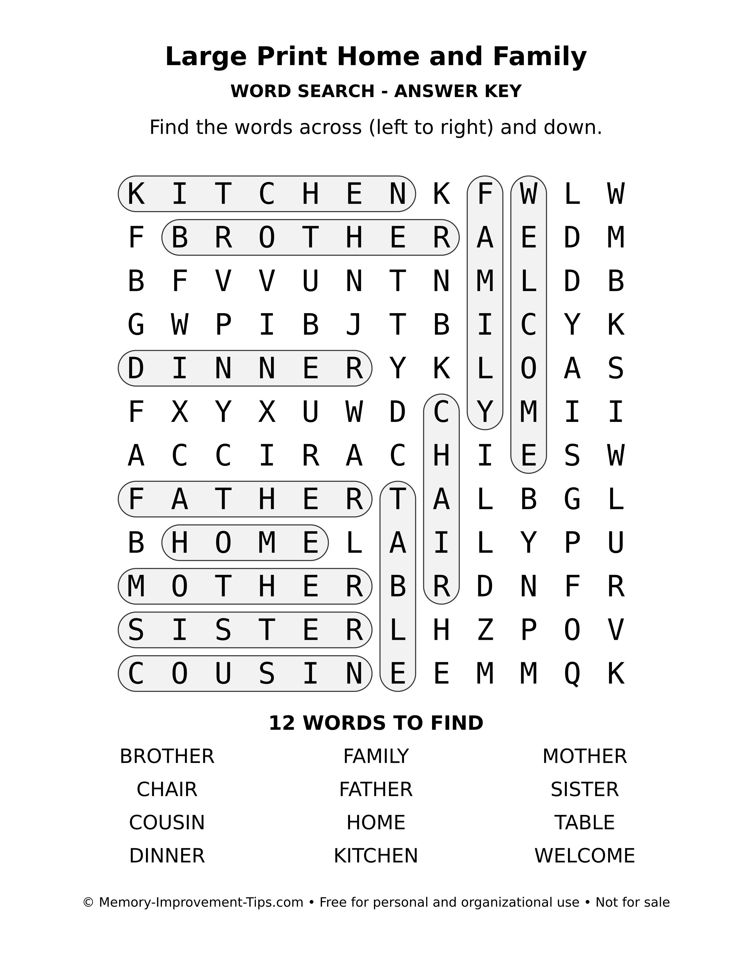 Answer key for Large Print Home and Family word search