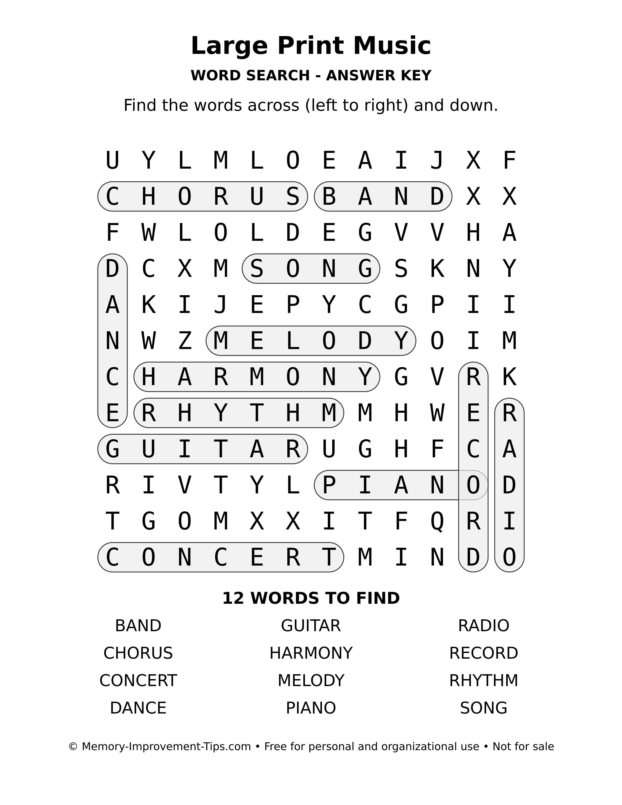 Answer key for Large Print Music word search