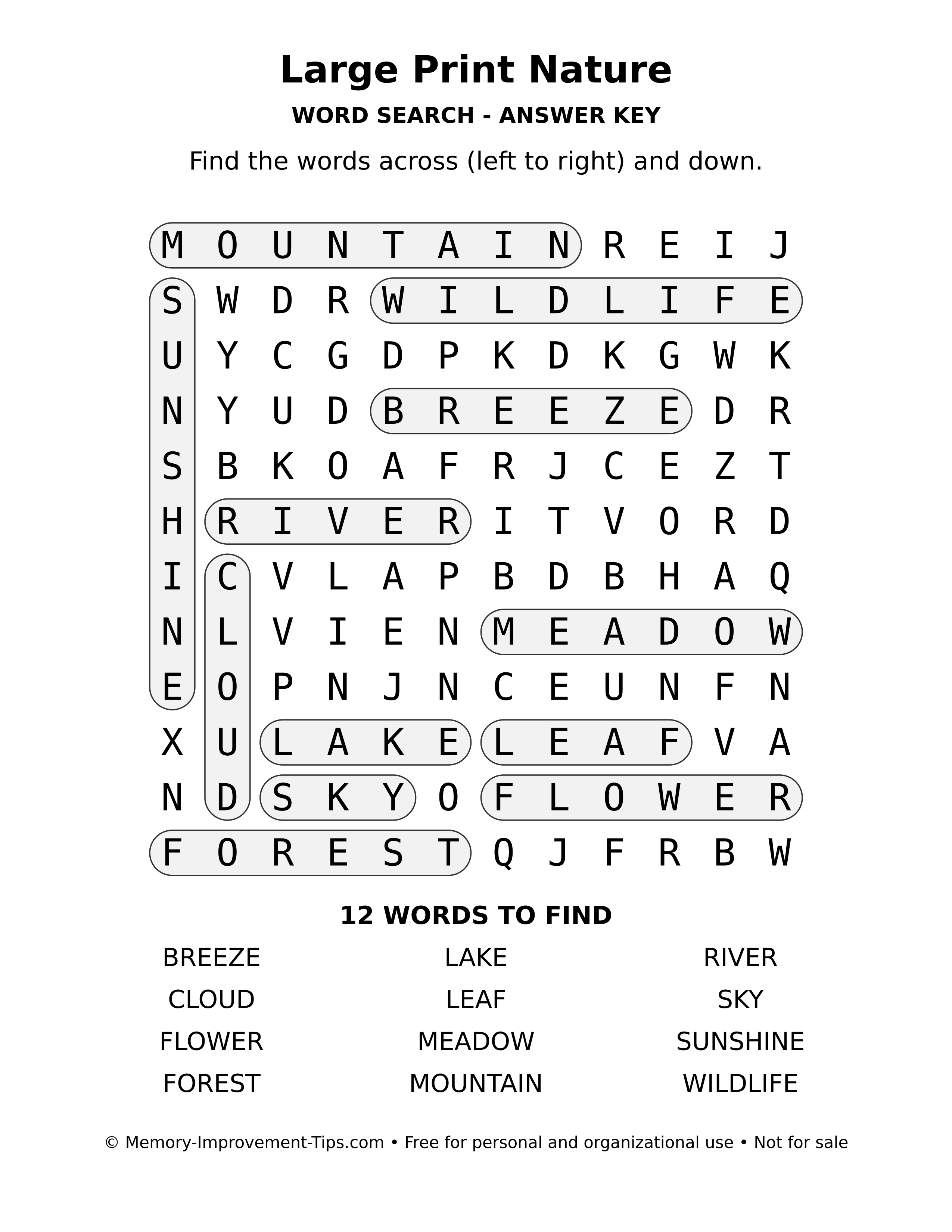 Answer key for Large Print Nature word search