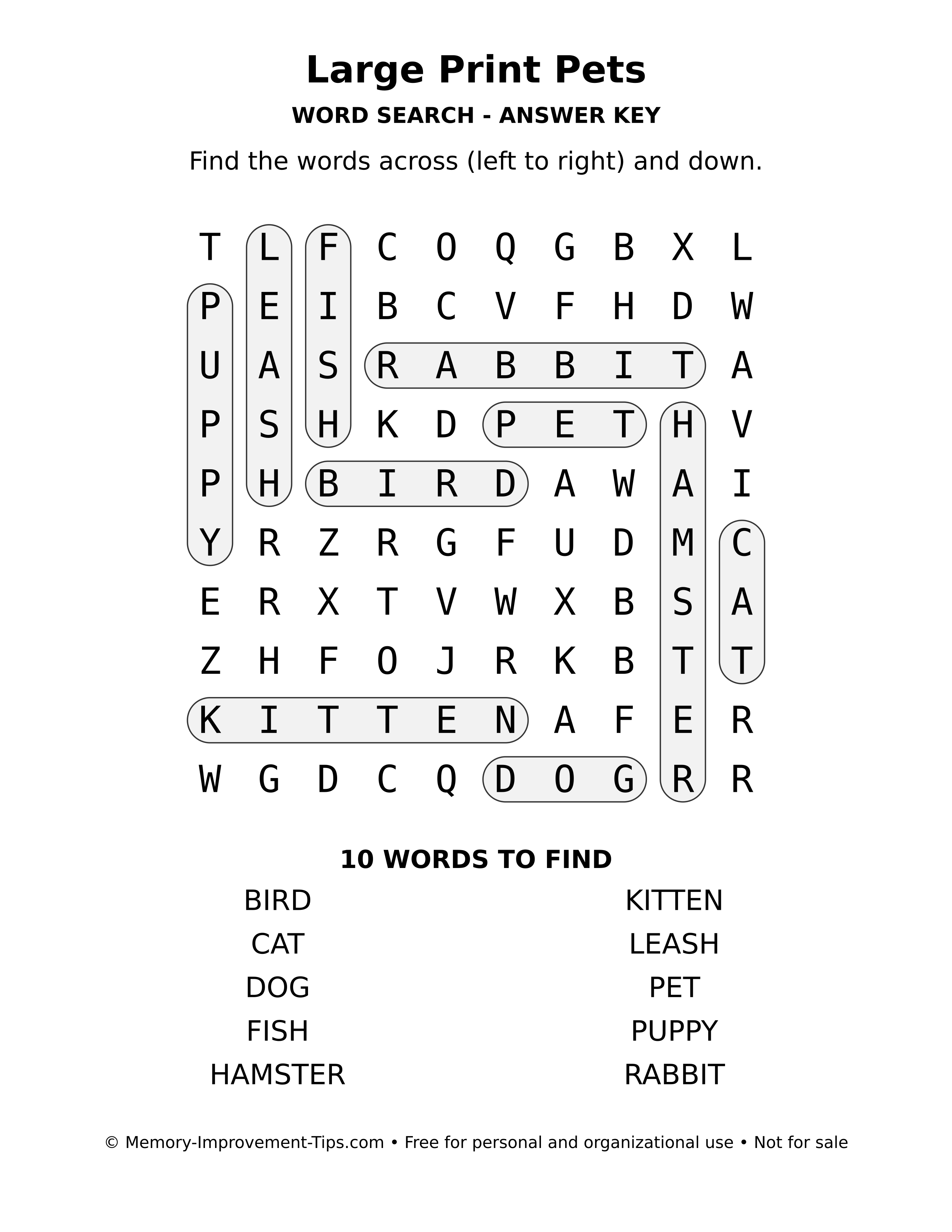 Answer key for Large Print Pets word search