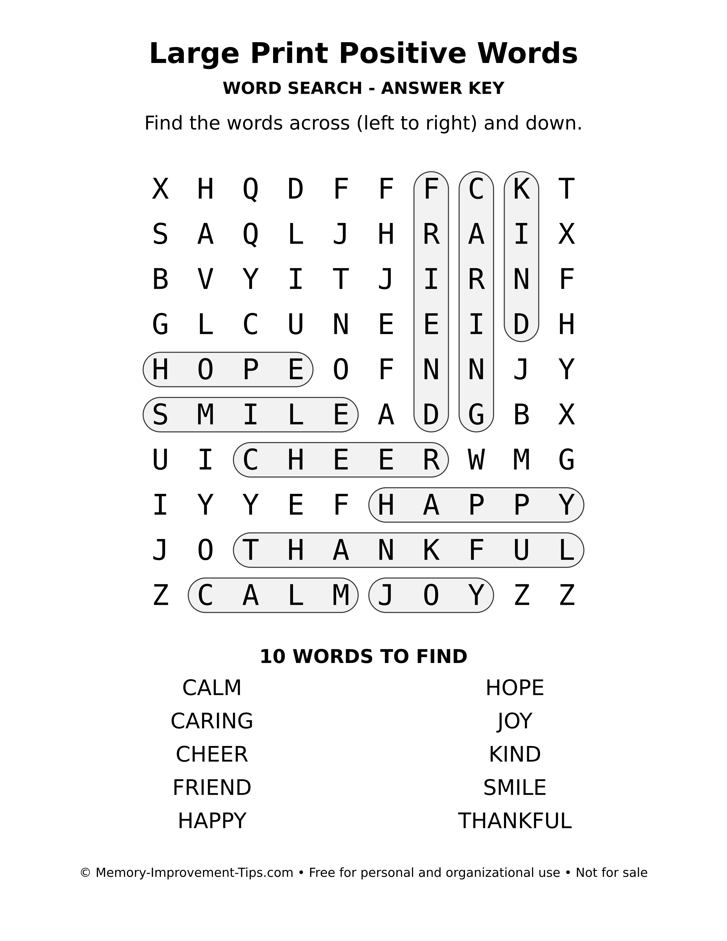 Answer key for Large Print Positive Words word search