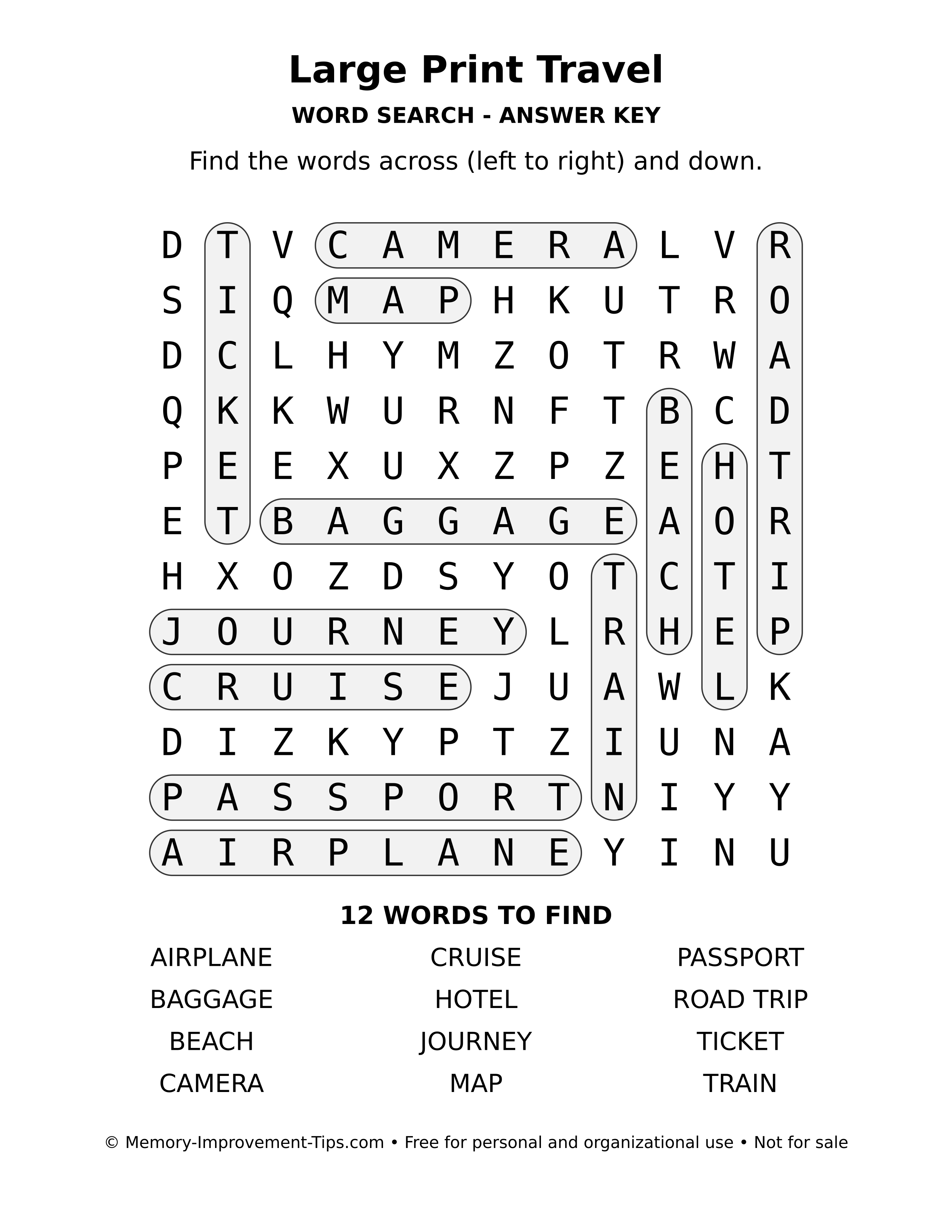 Answer key for Large Print Travel word search
