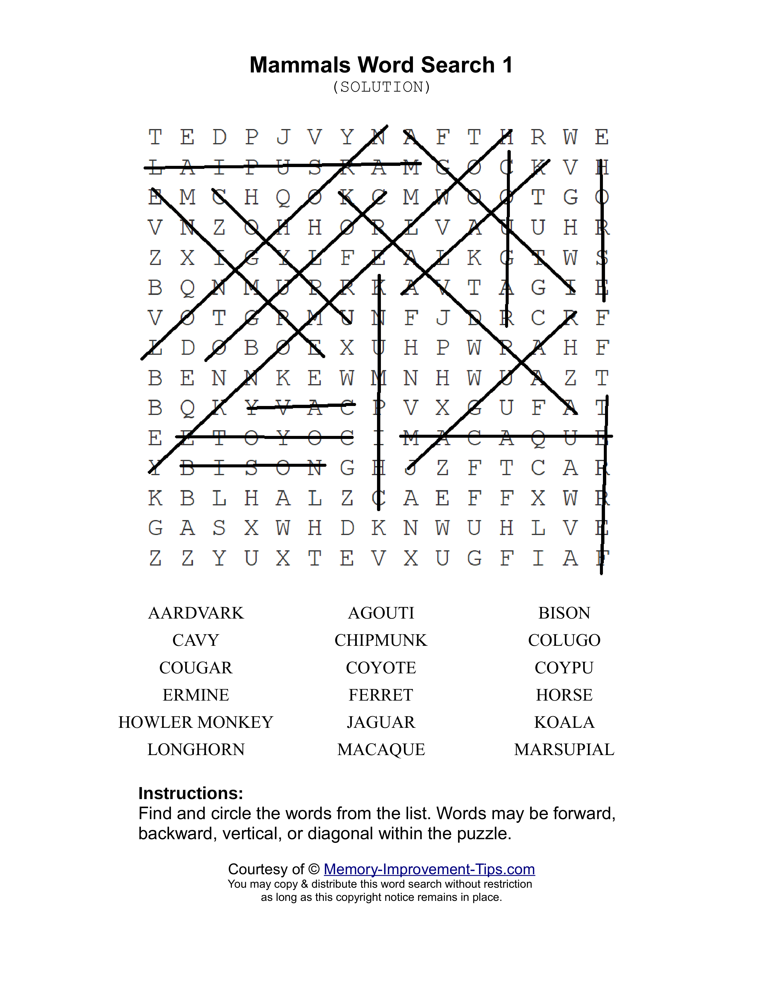 Mammals 1 word search printable solution