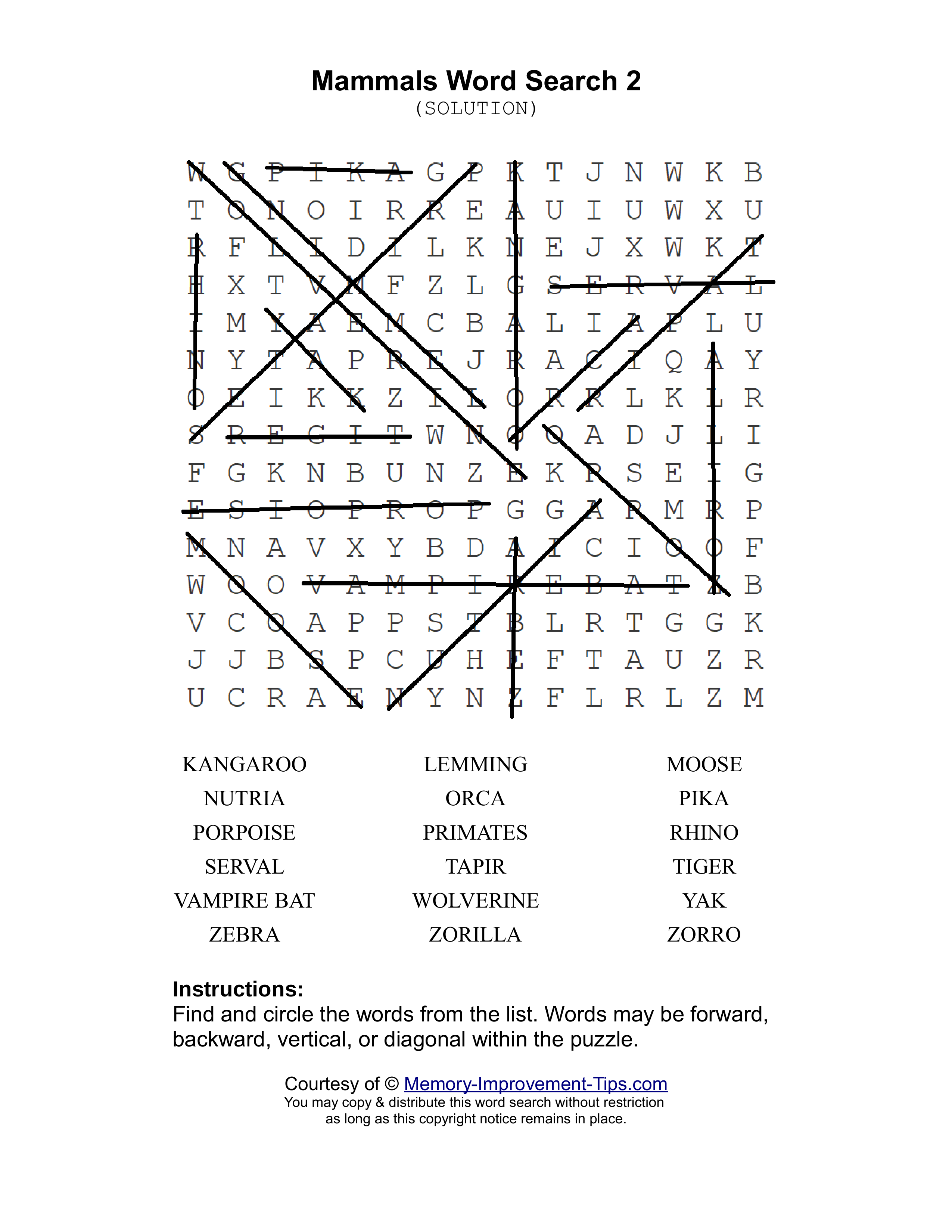 Mammals 2 word search printable solution