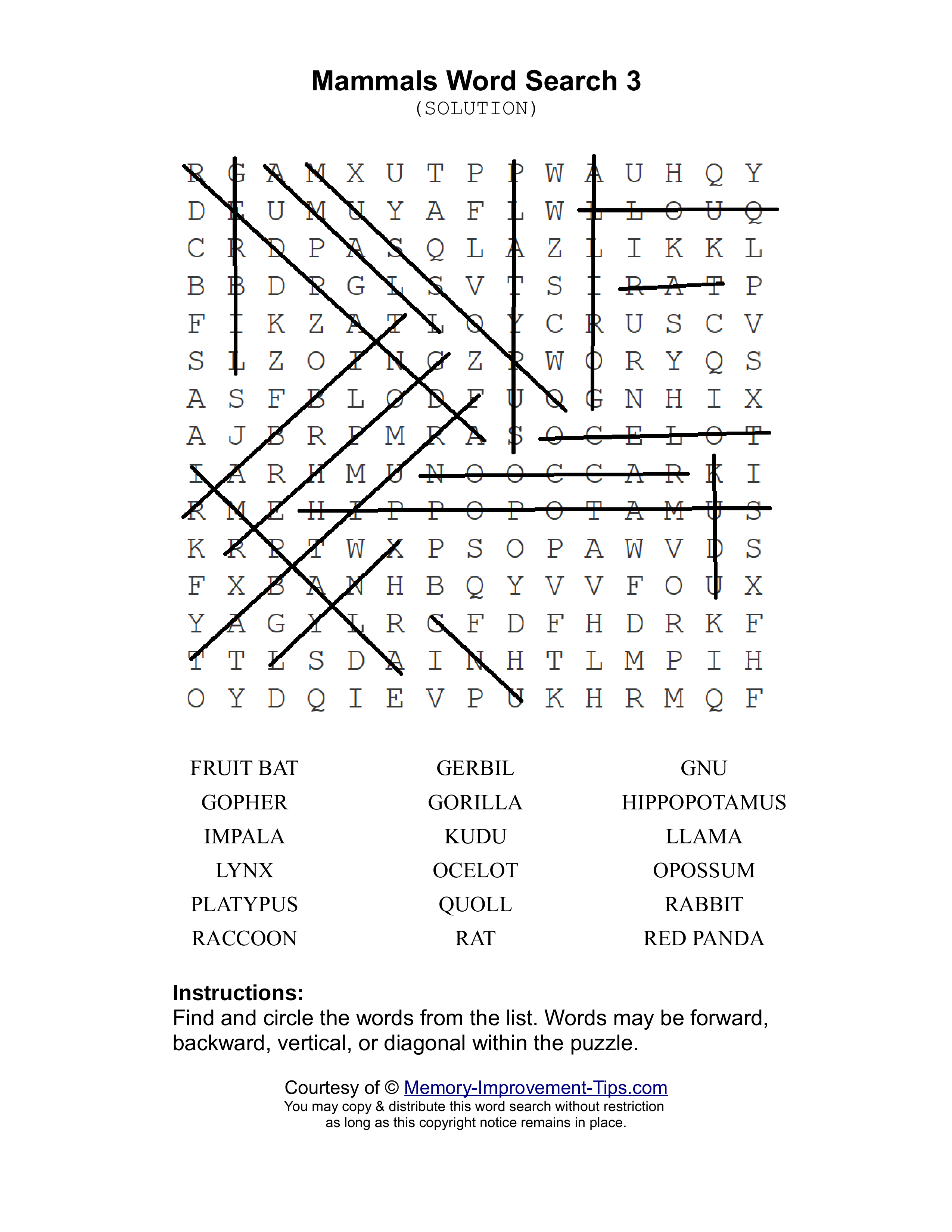 Mammals 3 word search printable solution