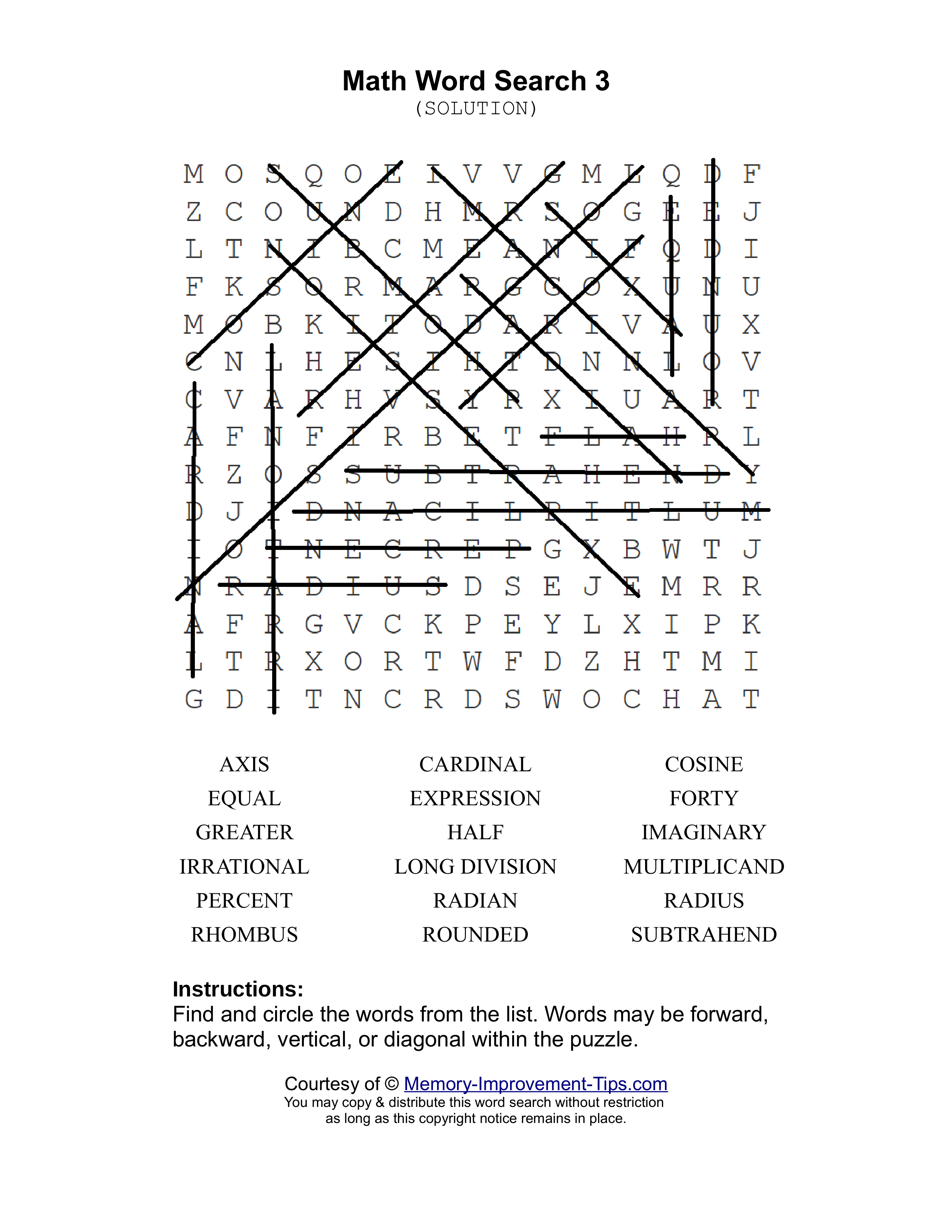 Math 3 word search printable solution
