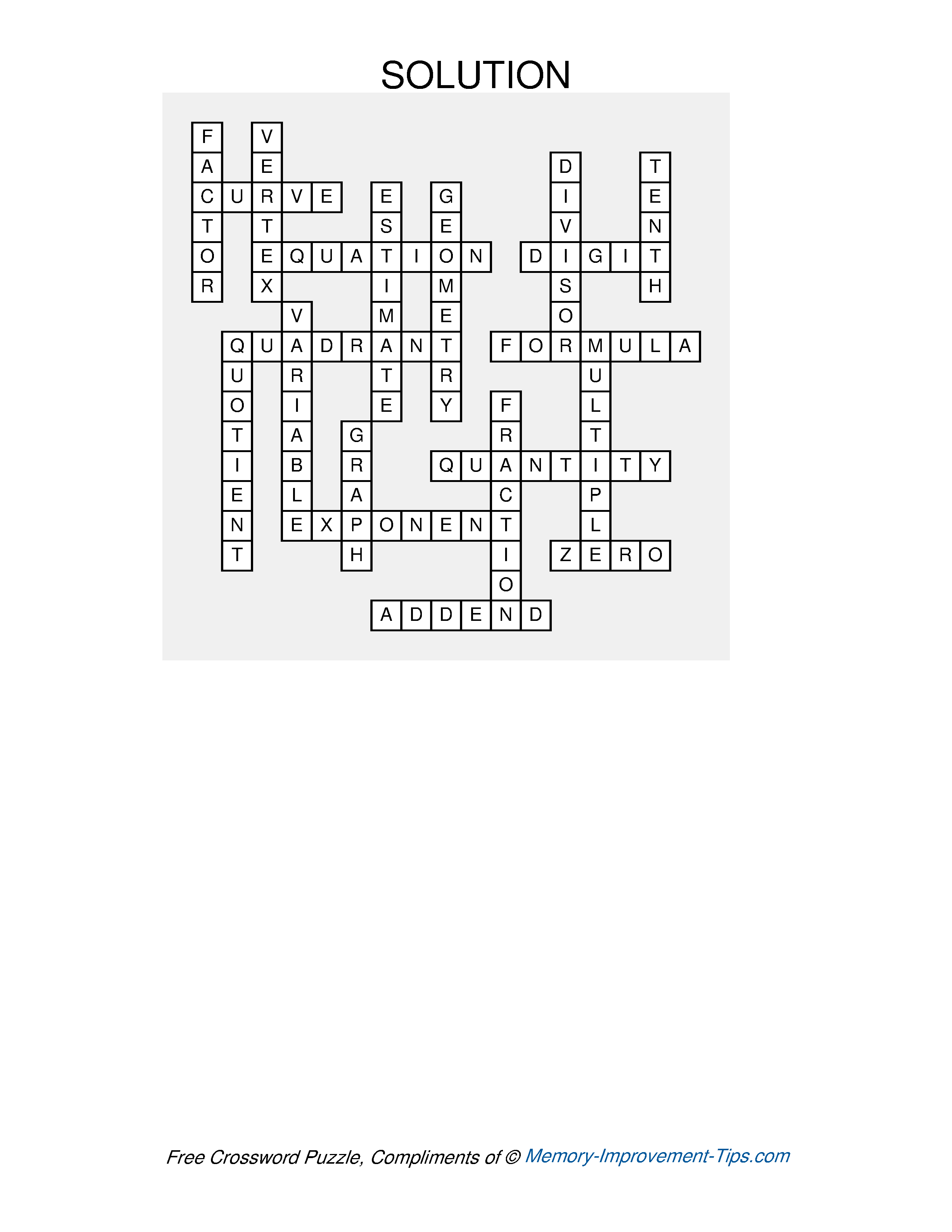 Answer key for the Math Vocabulary Crossword Puzzle