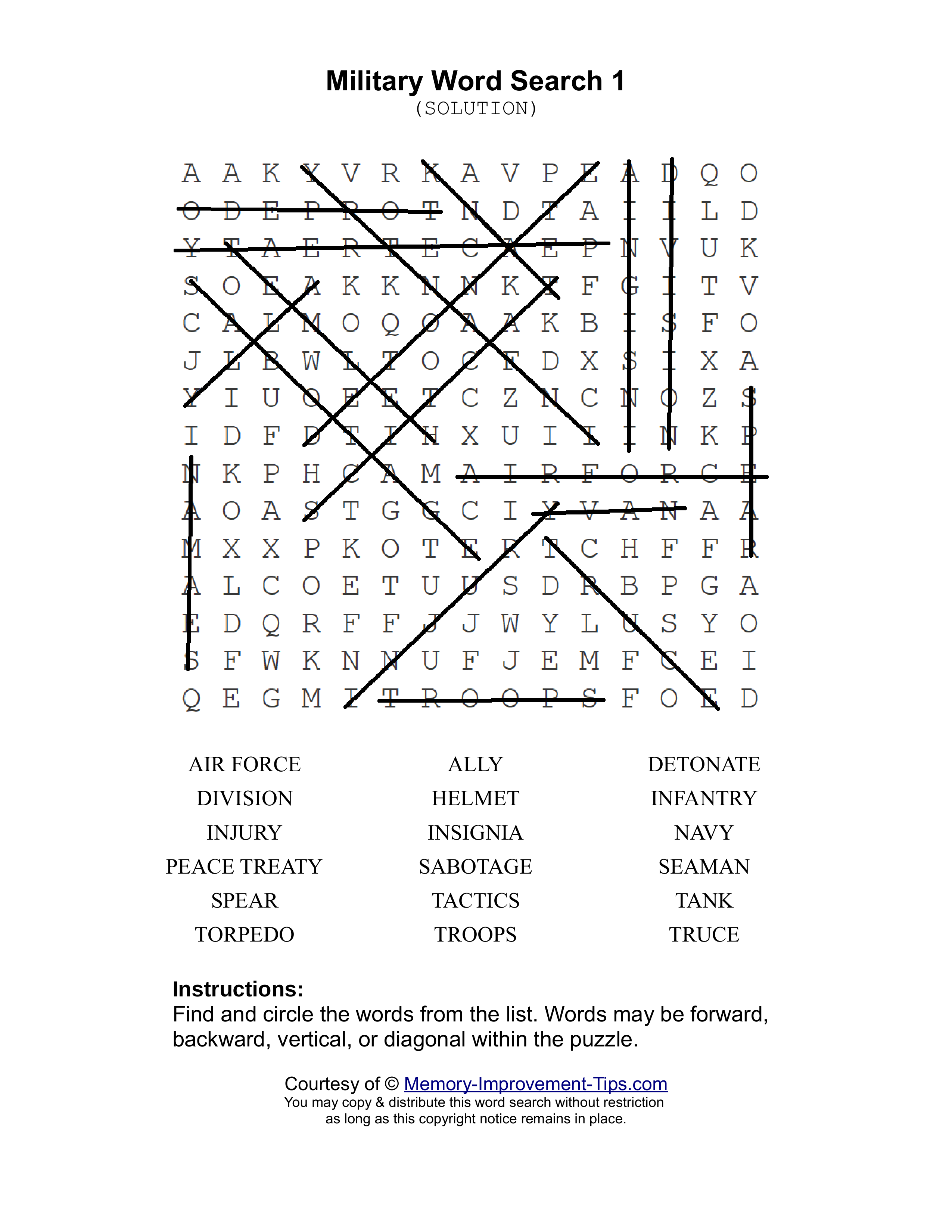 Military 1 word search printable solution