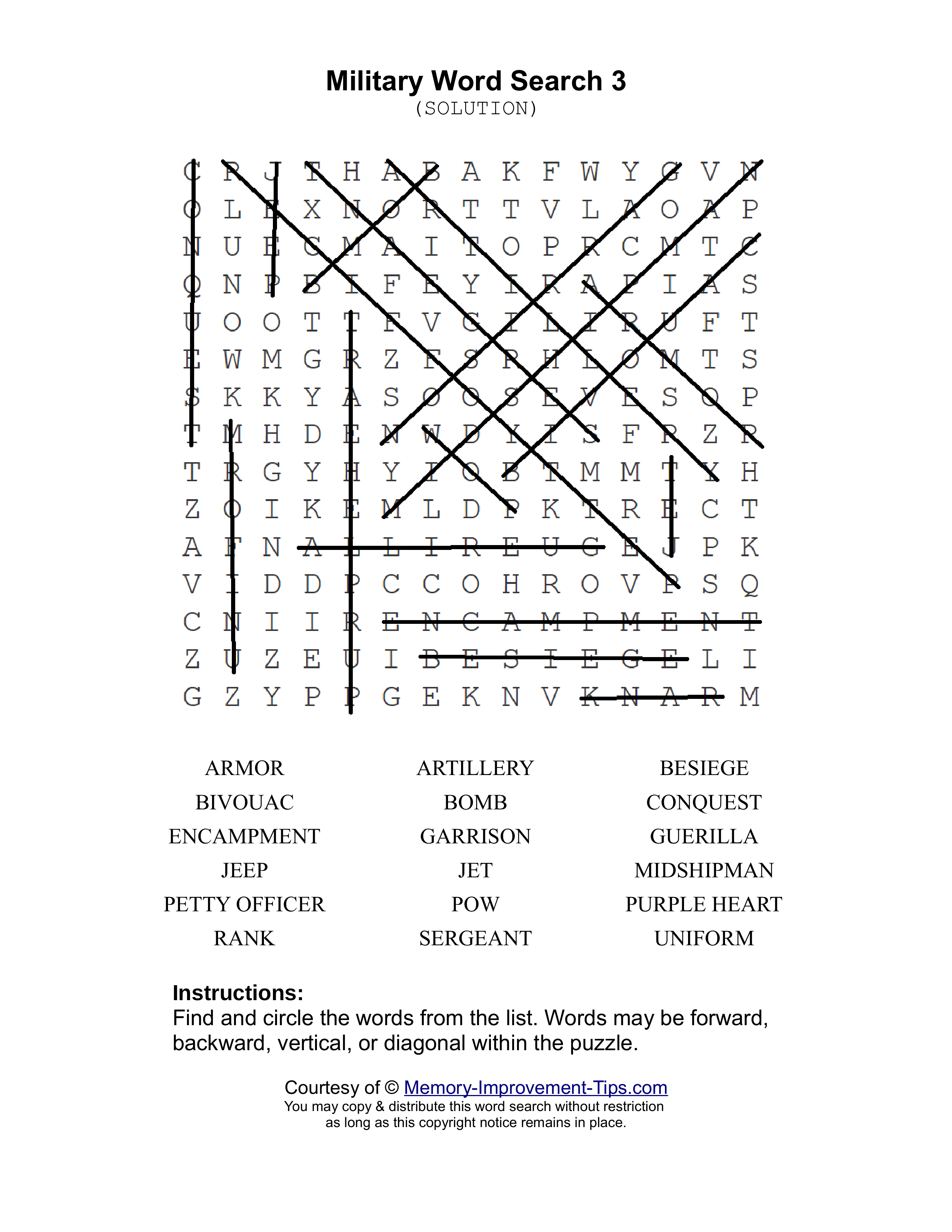 Military 3 word search printable solution