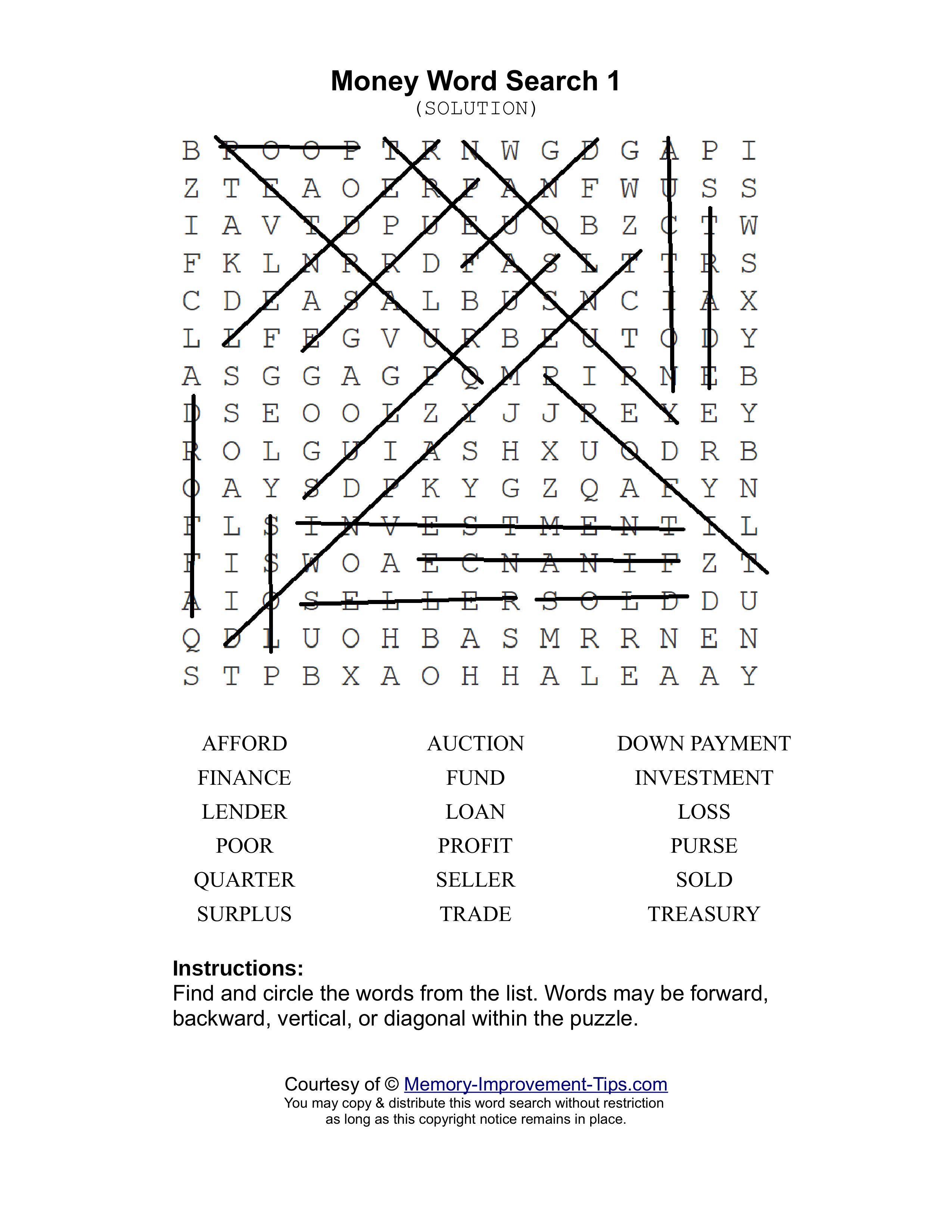 Money 1 word search printable solution