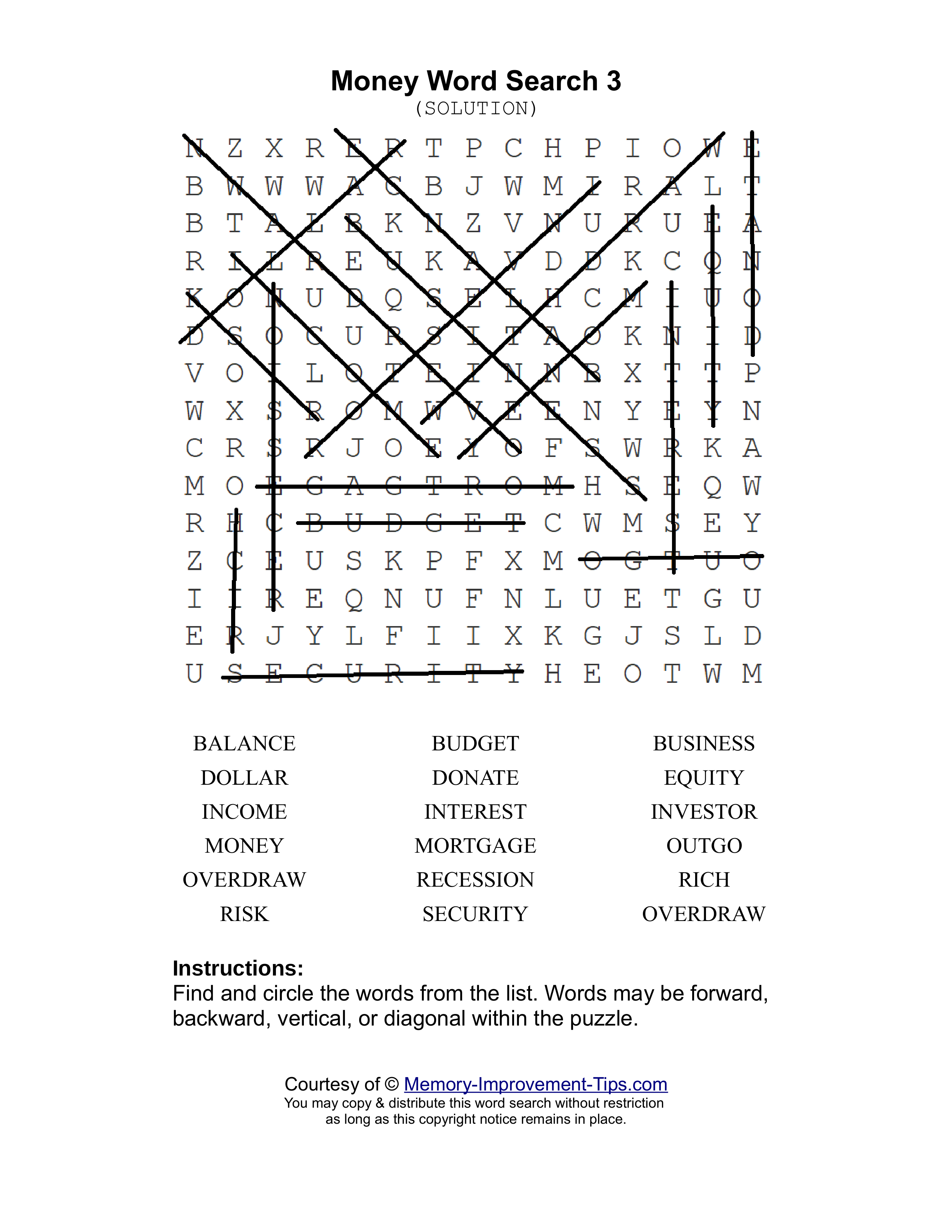 Money 3 word search printable solution