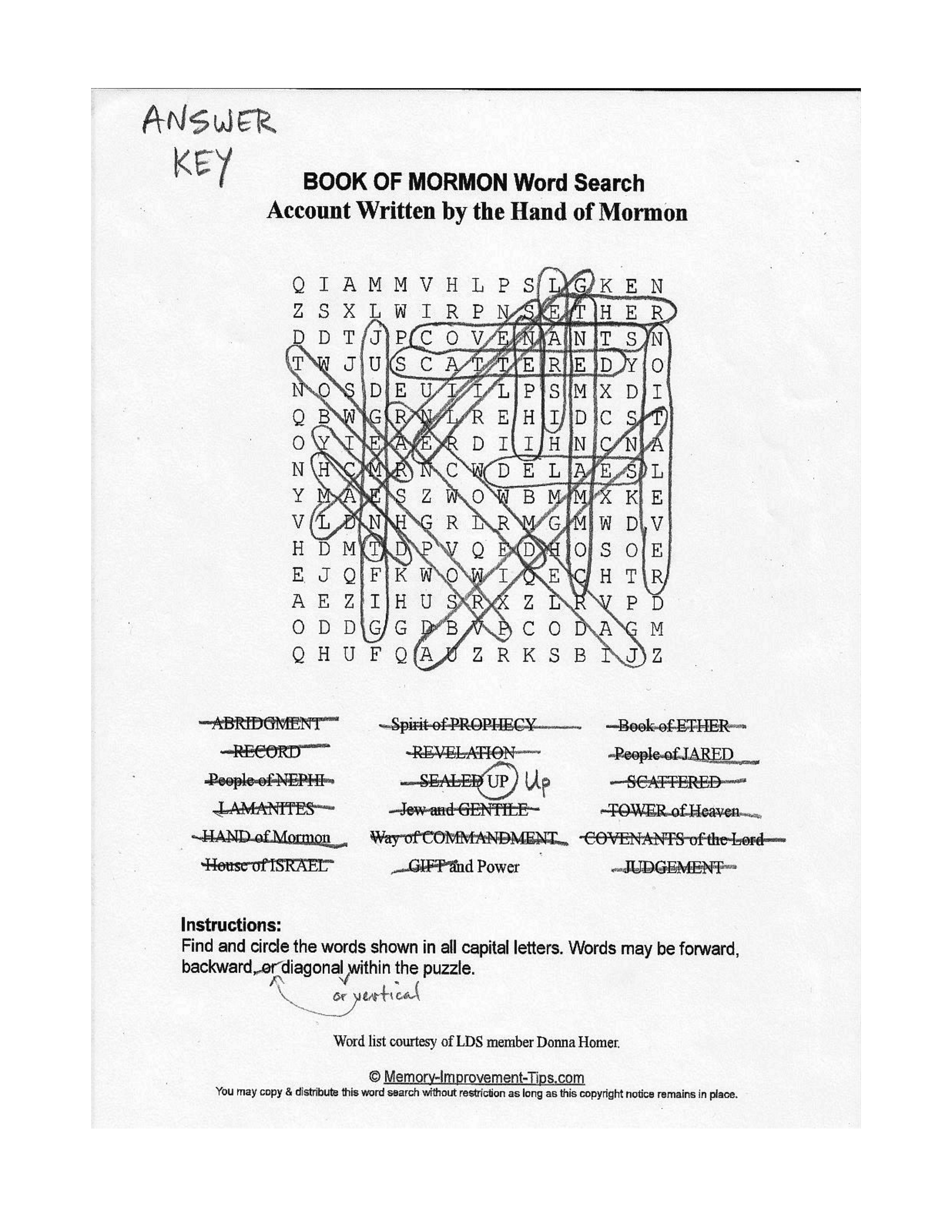 Account Written by the Hand of Mormon word search printable solution