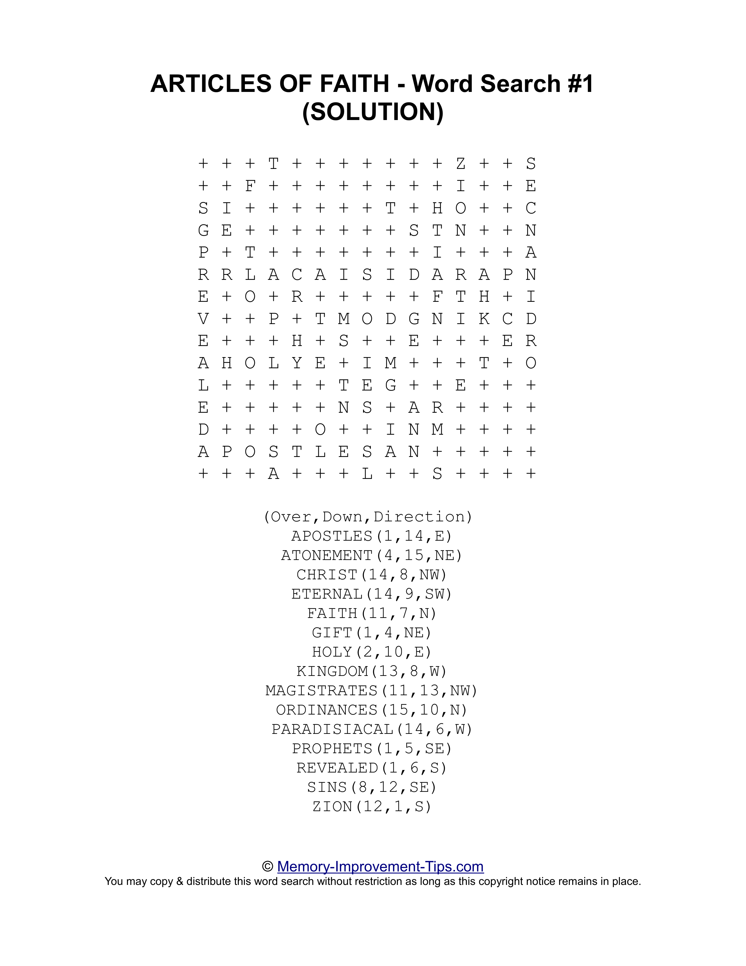 Articles of Faith Word Search #1 printable solution
