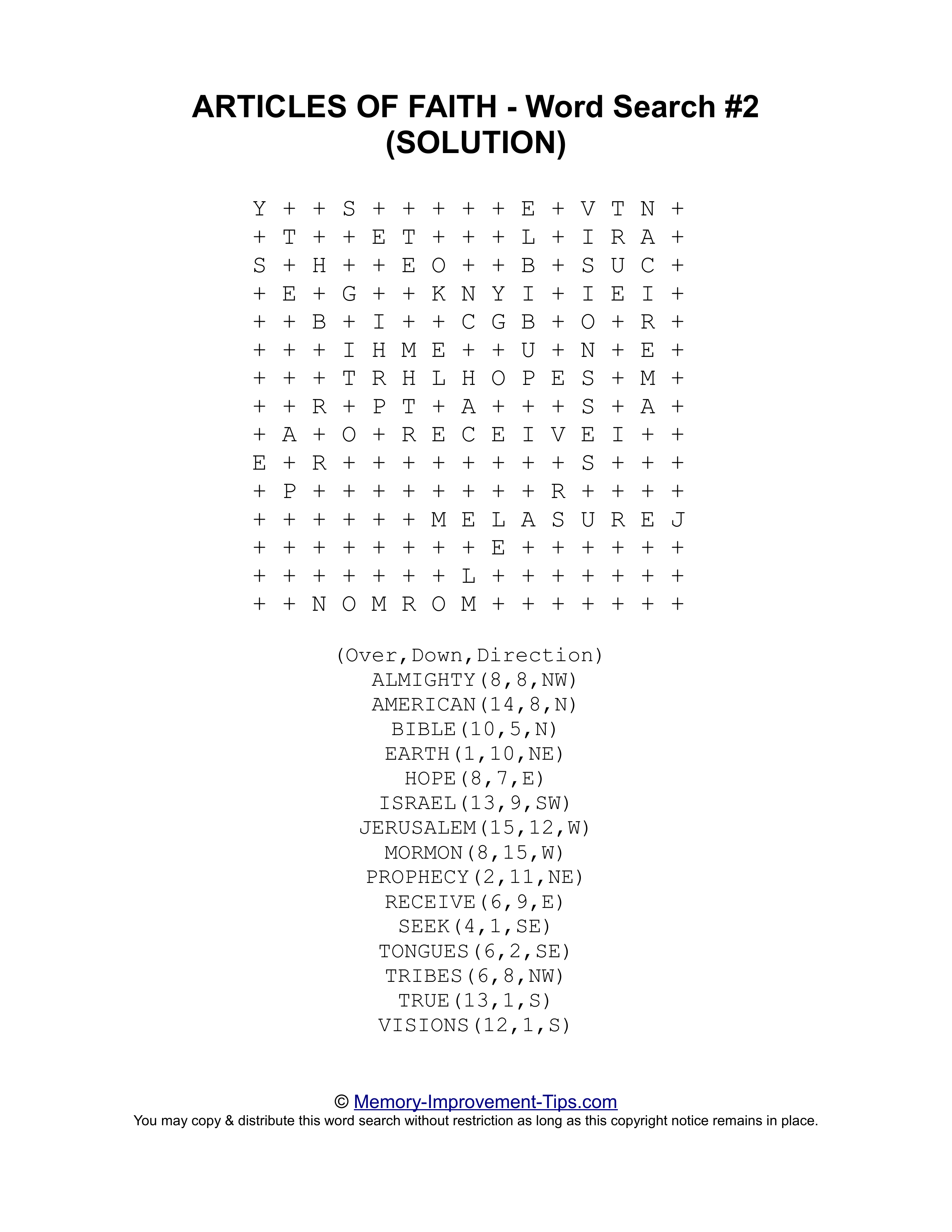 Articles of Faith Word Search #2 printable solution