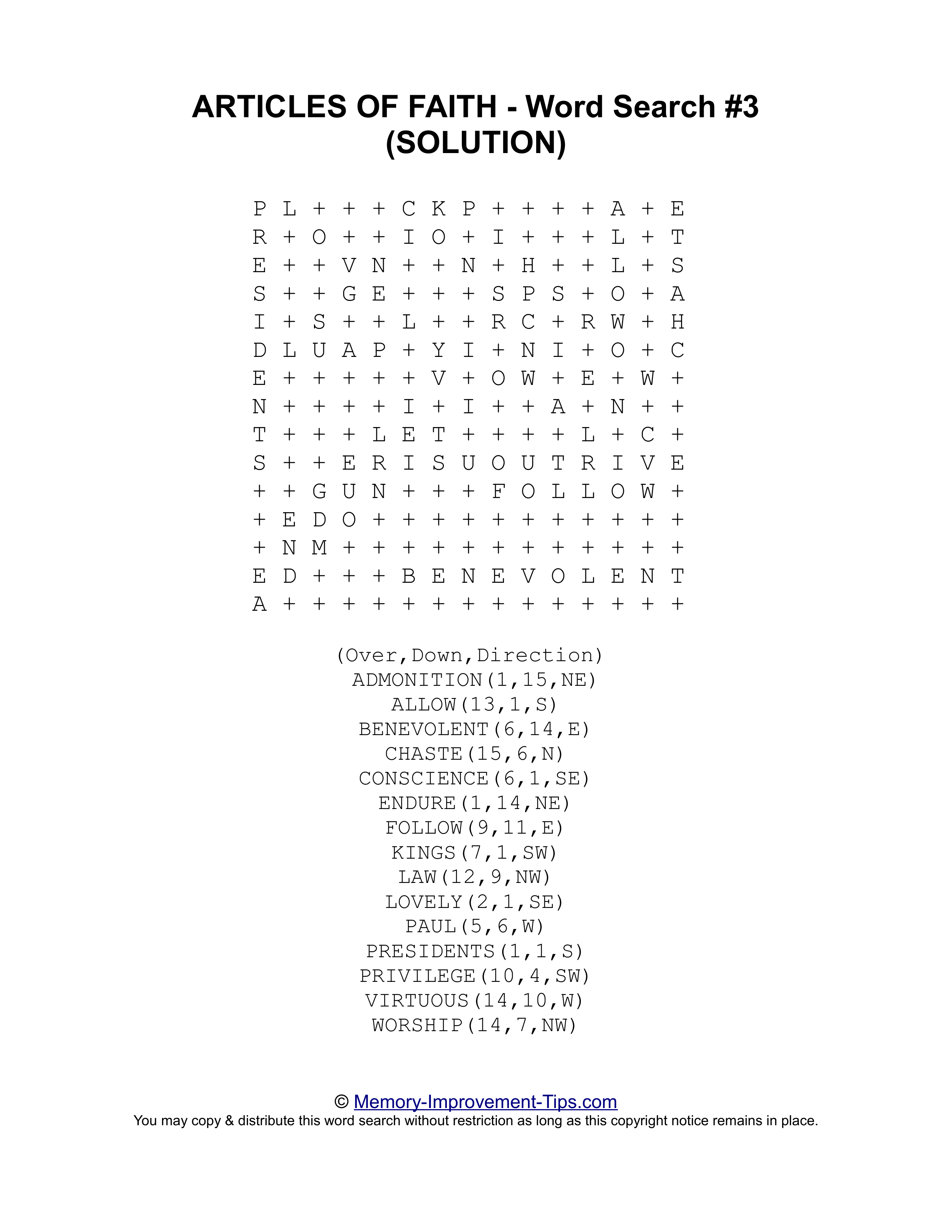 Articles of Faith Word Search #3 printable solution