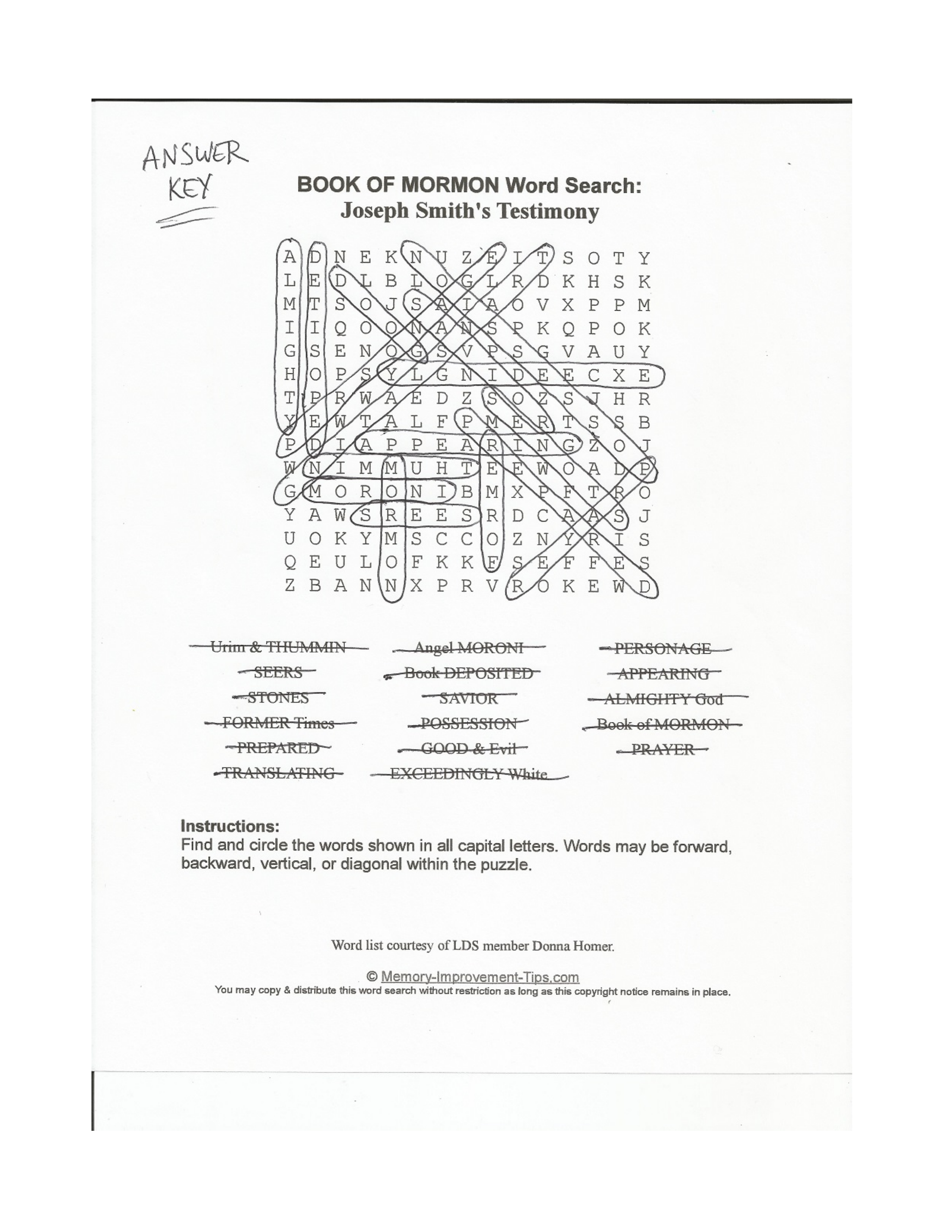 Joseph Smith's Testimony Word Search #1 printable solution