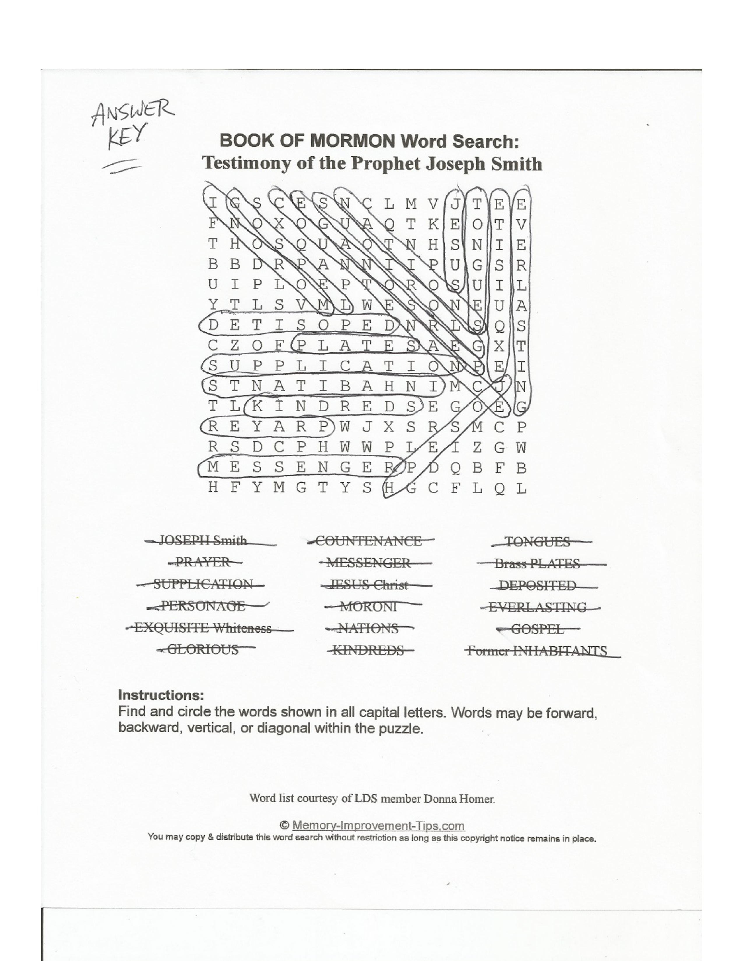 Joseph Smith's Testimony Word Search #2 printable solution