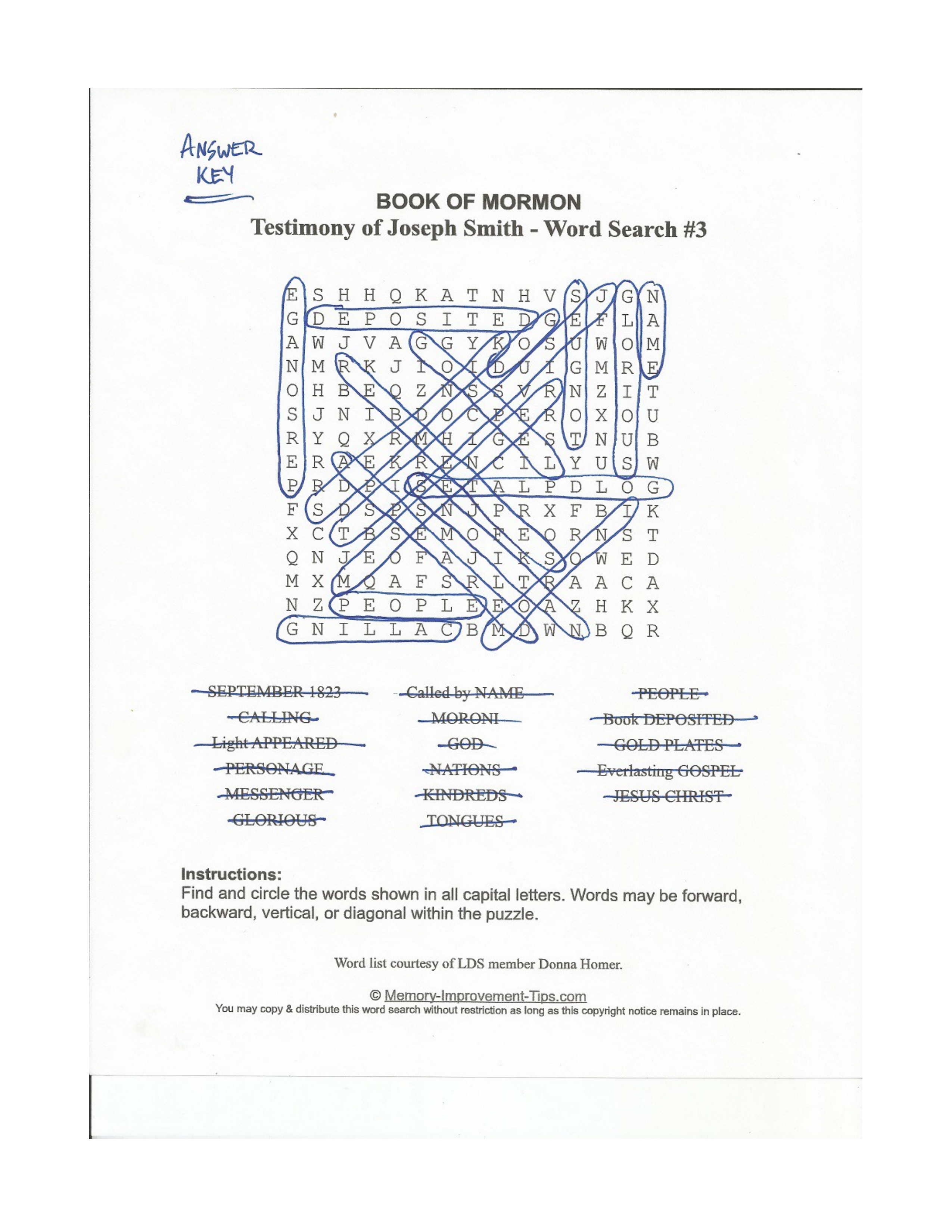 Joseph Smith's Testimony Word Search #3 printable solution