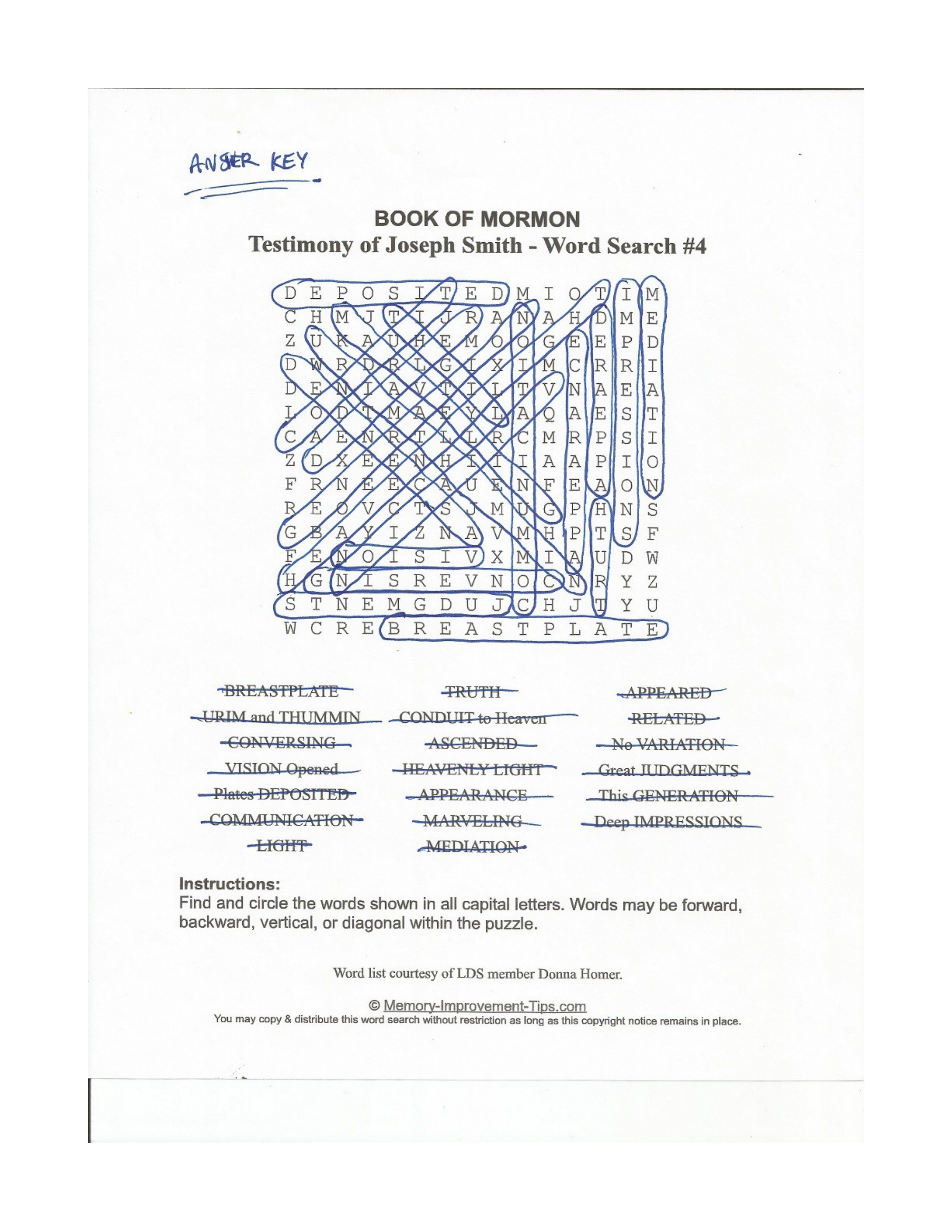 Joseph Smith's Testimony Word Search #4 printable solution