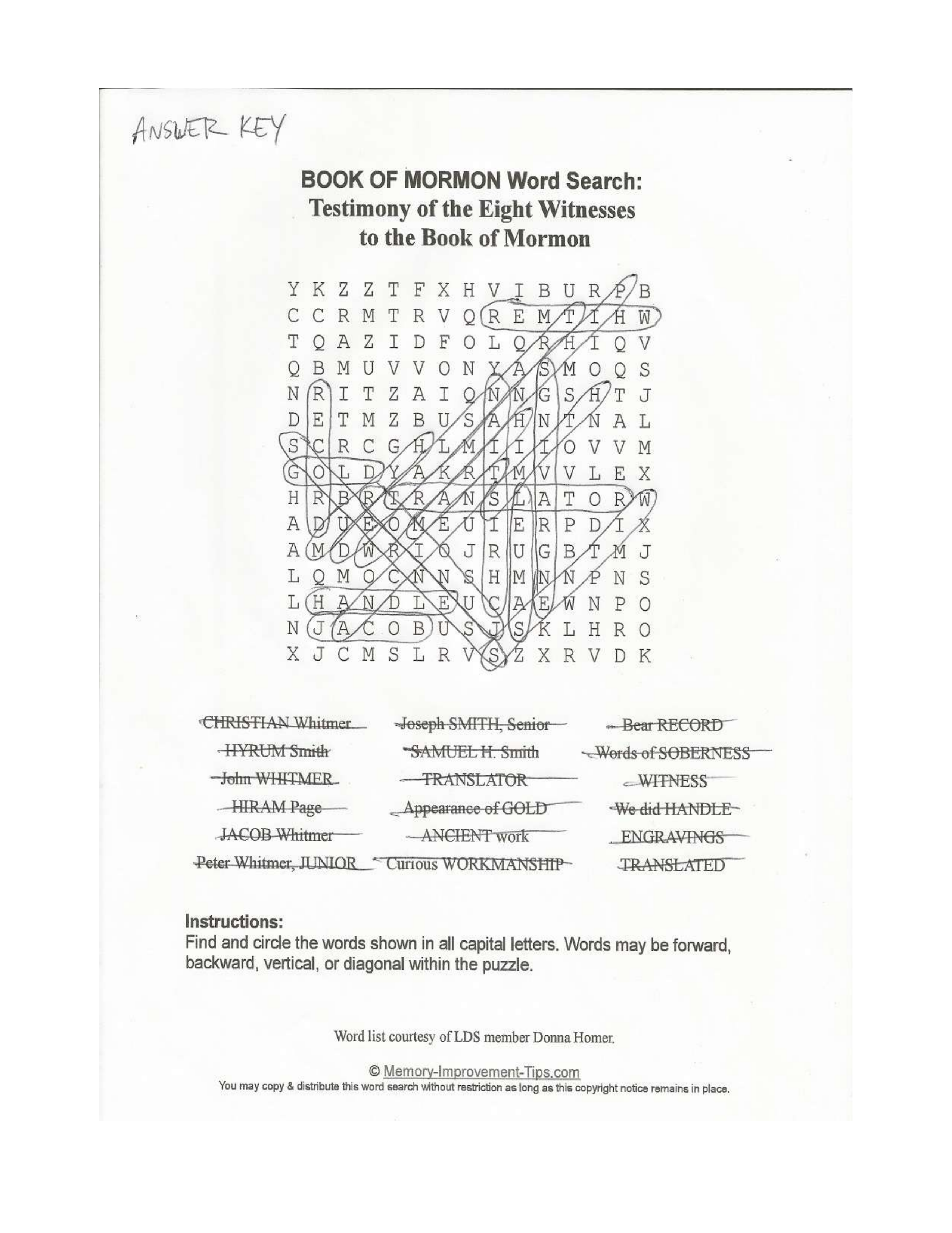 Testimony of the Eight Witnesses Word Search printable solution