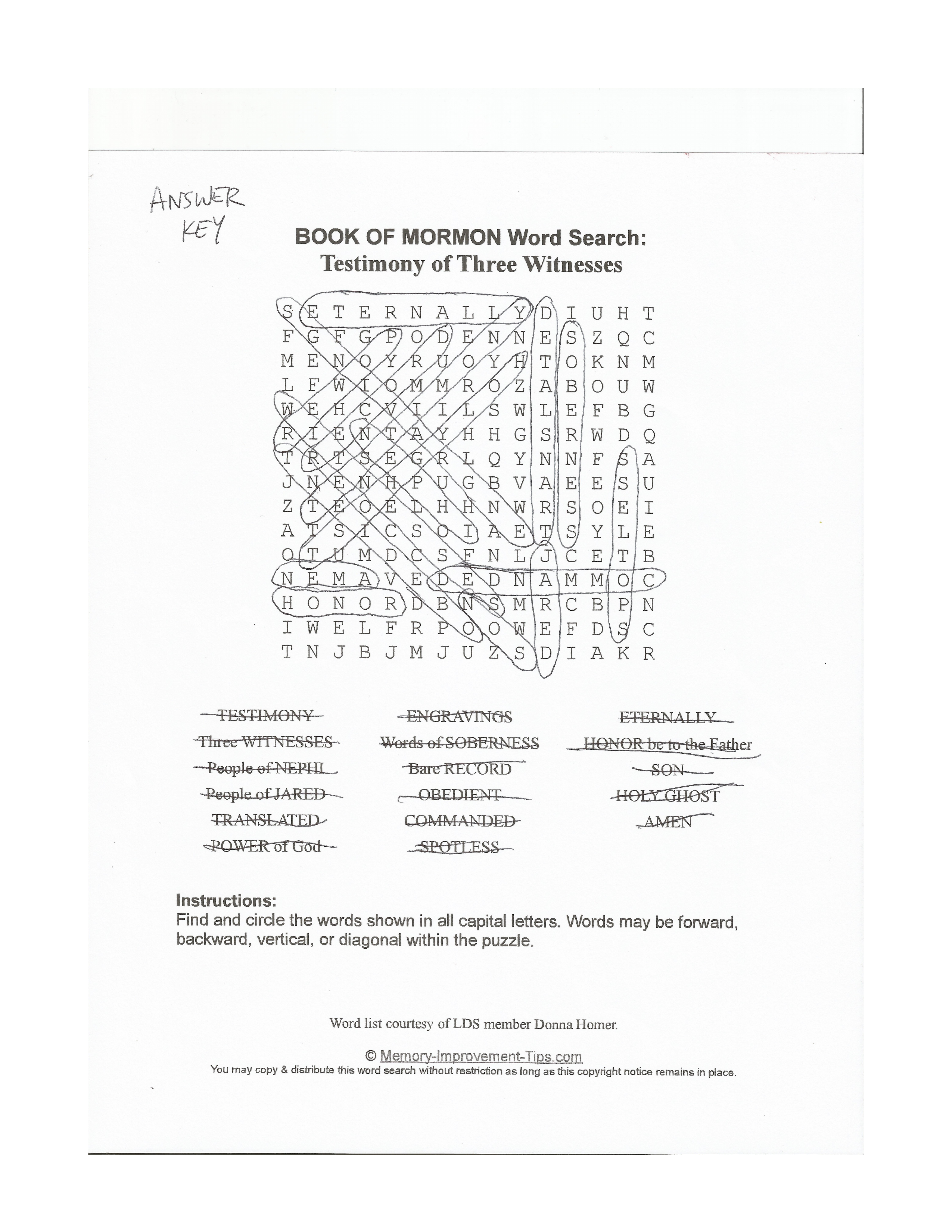 Testimony of Three Witnesses Word Search printable solution