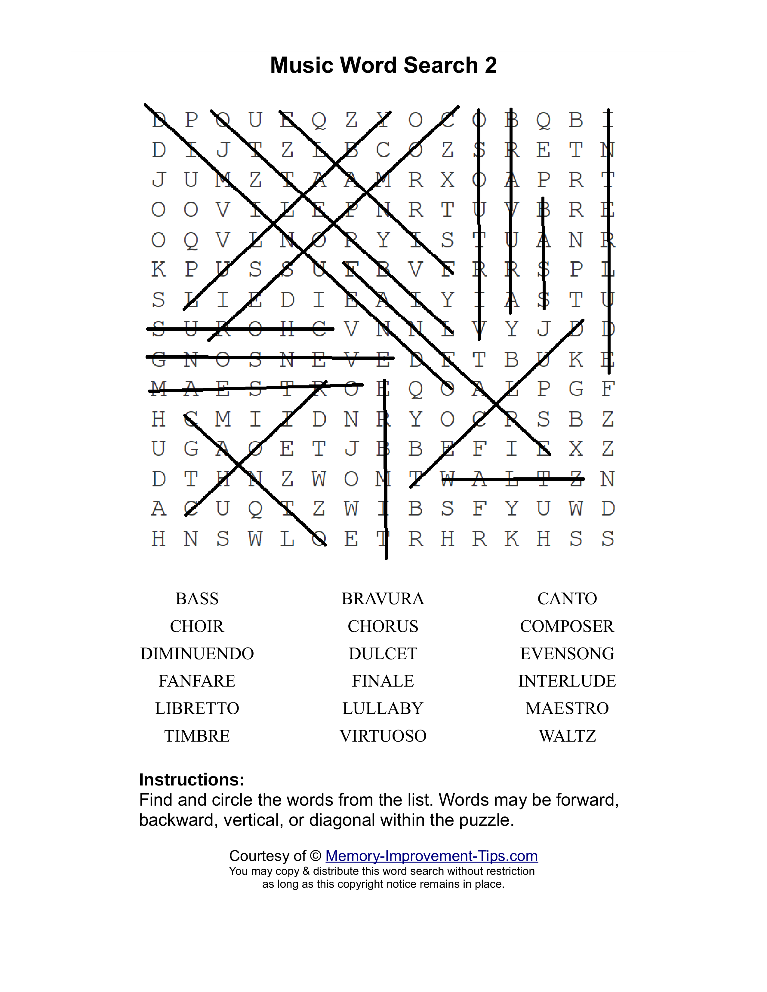 Music 2 word search printable solution