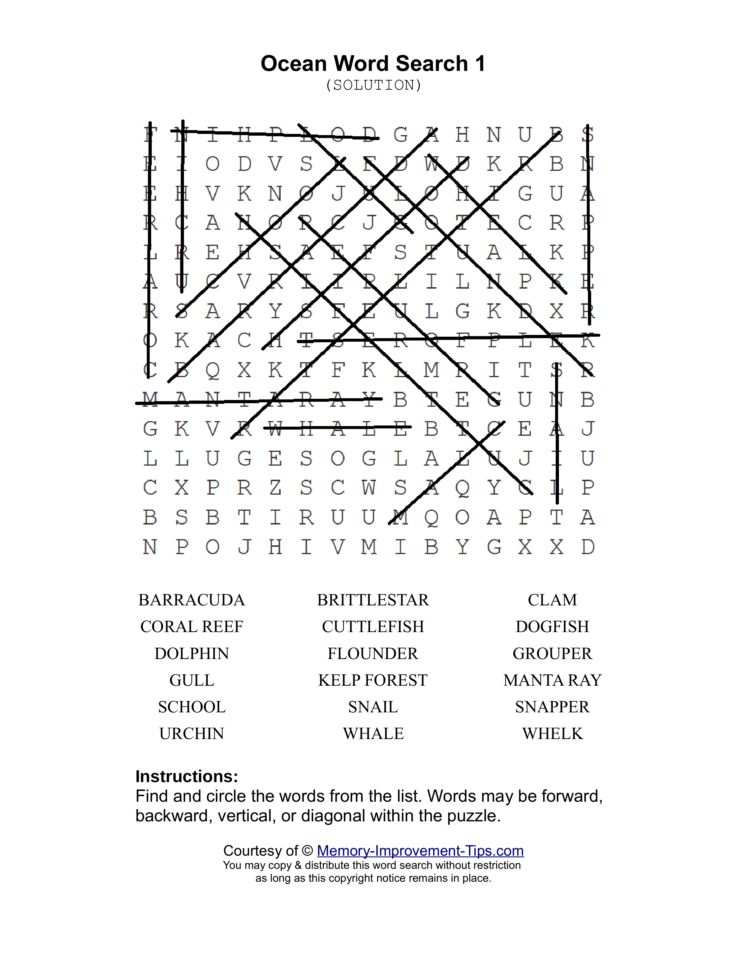 Ocean 1 word search printable solution