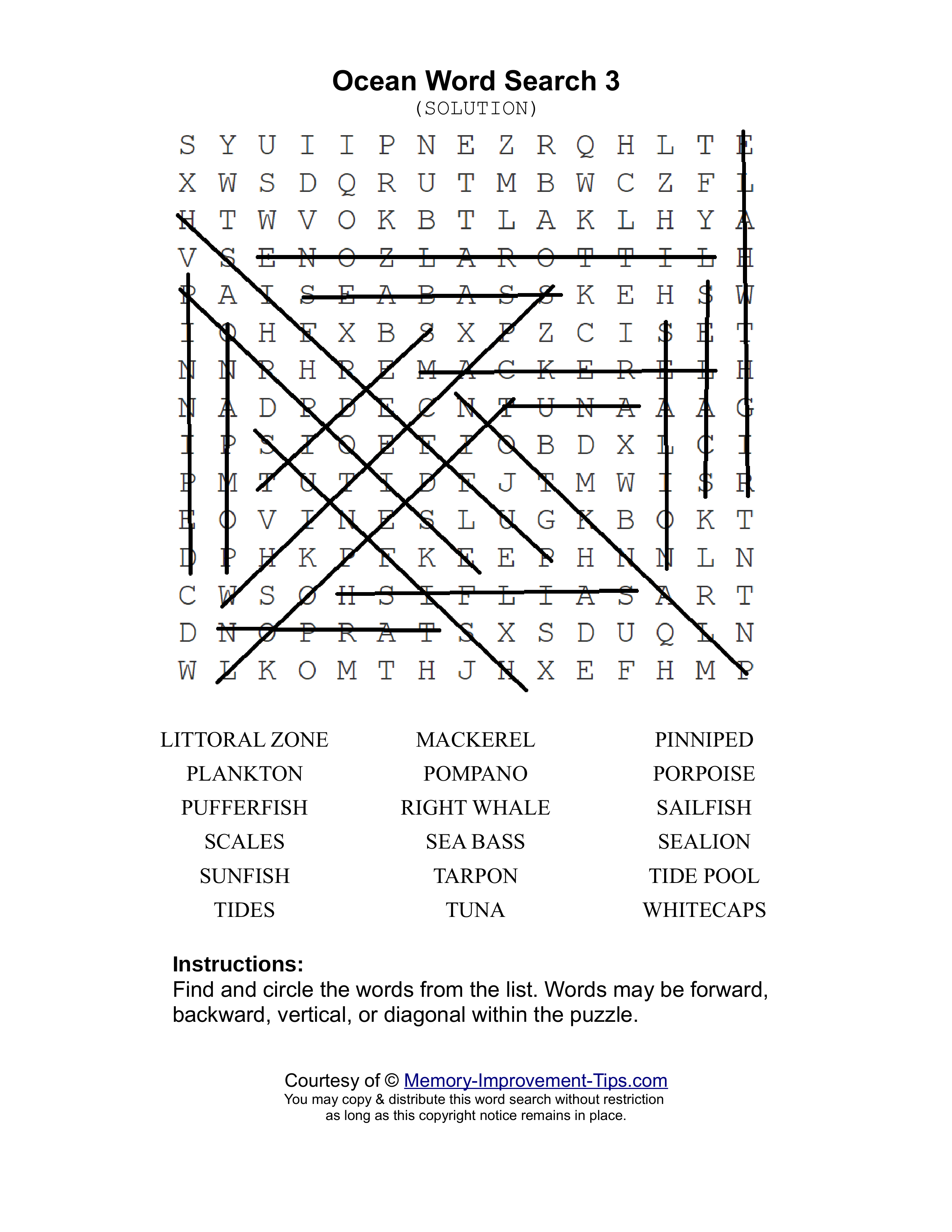 Ocean 3 word search printable solution