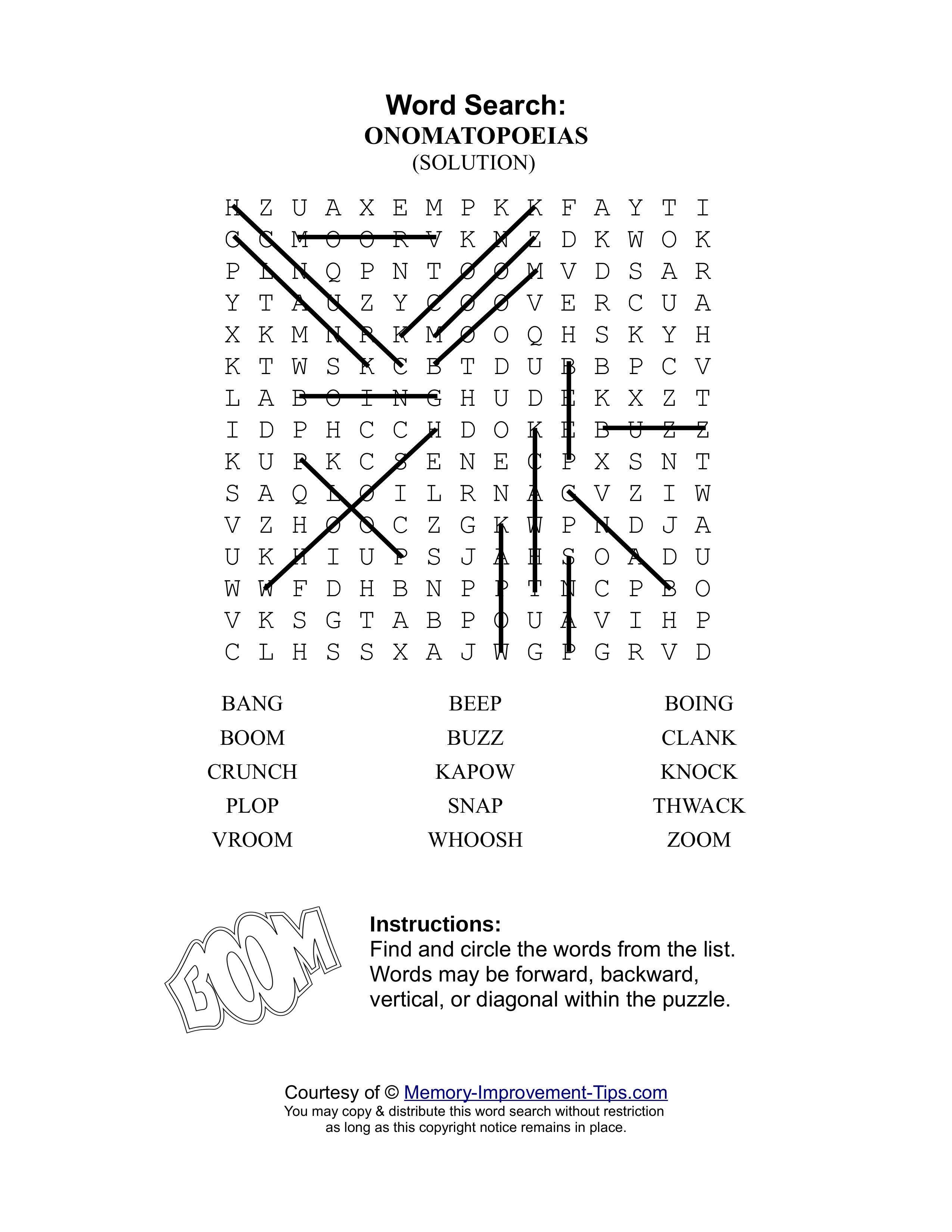 Onomatopoeias word search printable solution