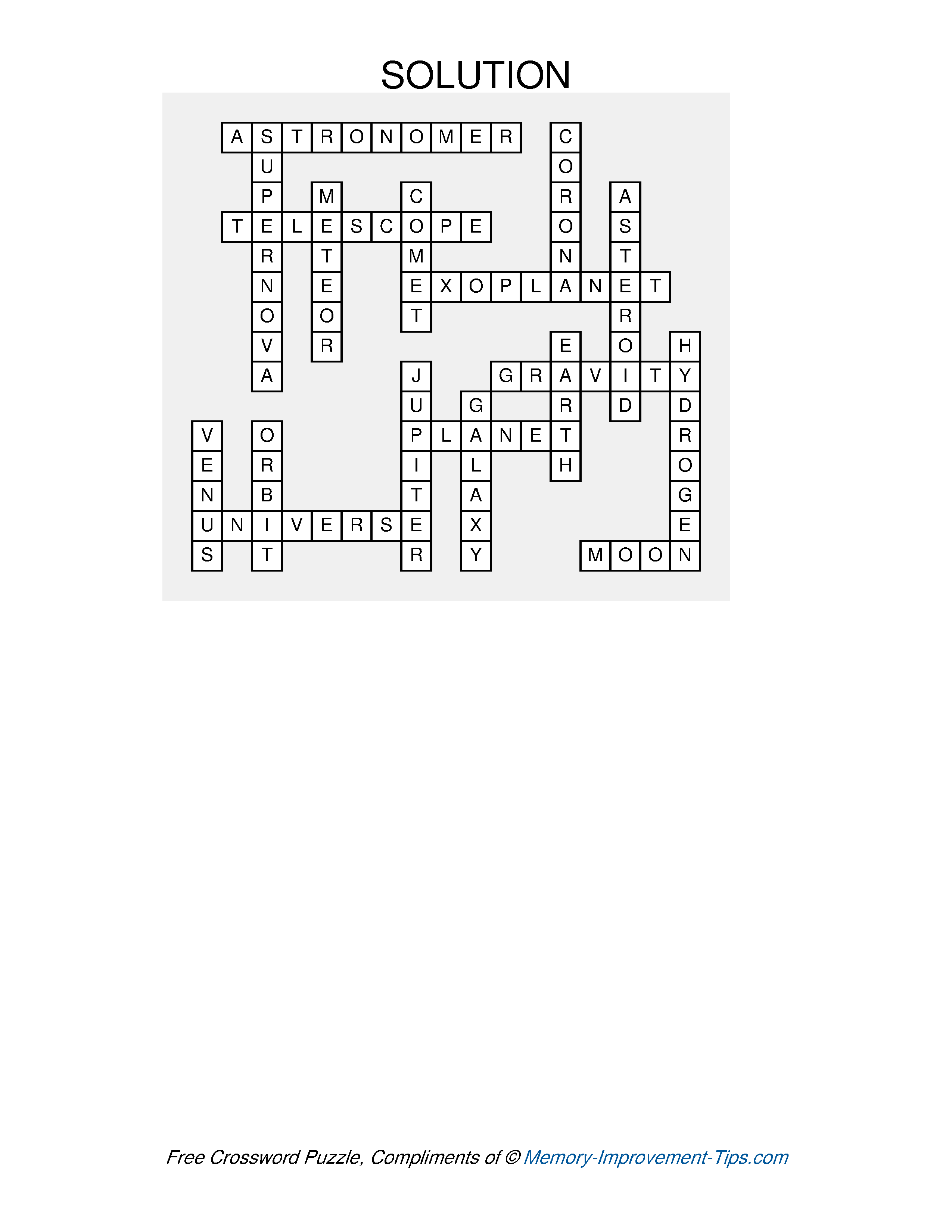 Answer key for the Outer Space Crossword Puzzle