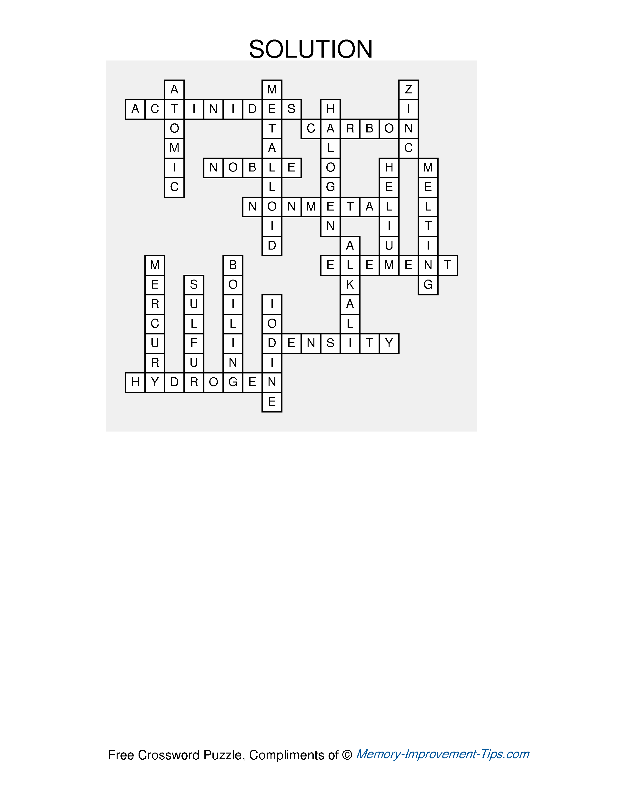 Answer key for the Periodic Table Crossword Puzzle