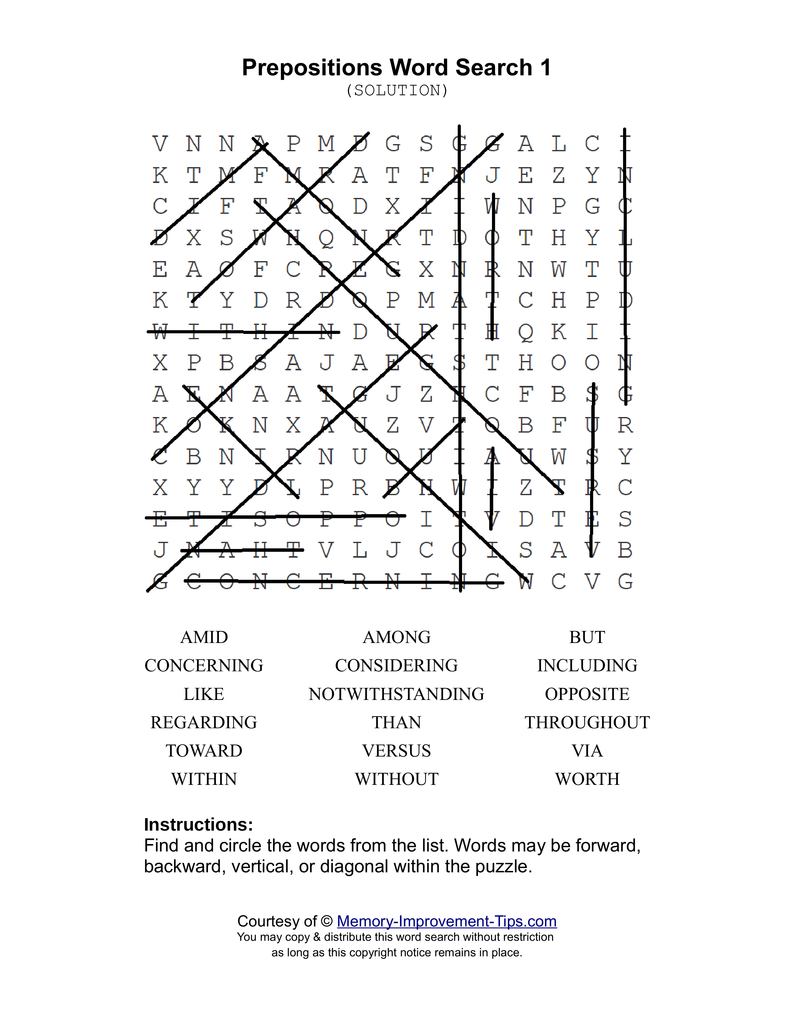 Prepositions 1 word search printable solution