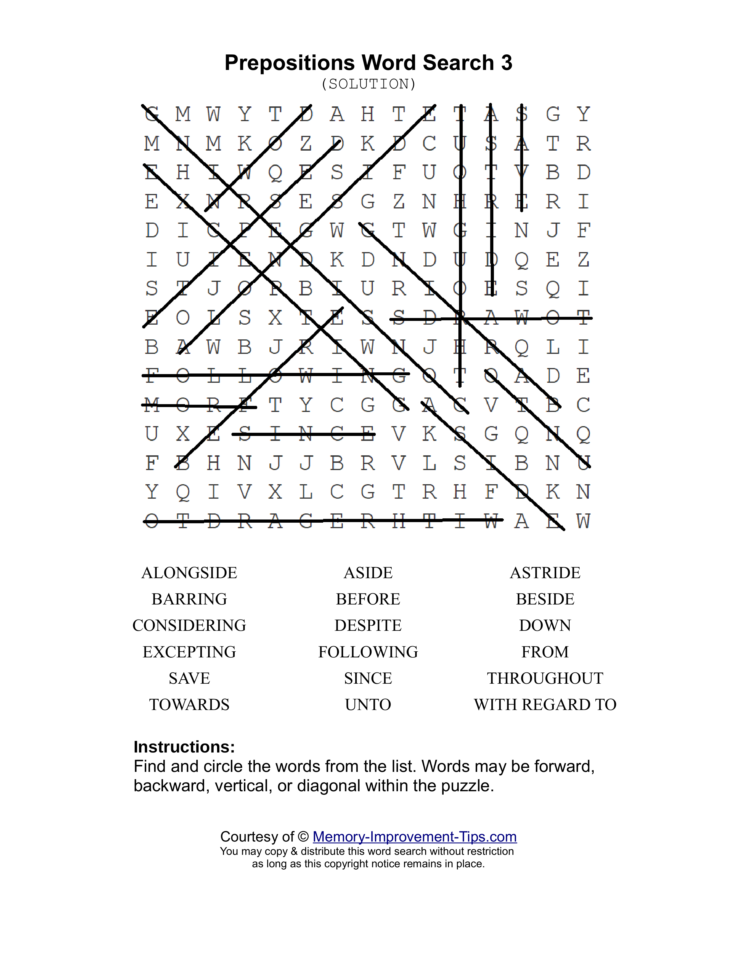 Prepositions 3 word search printable solution